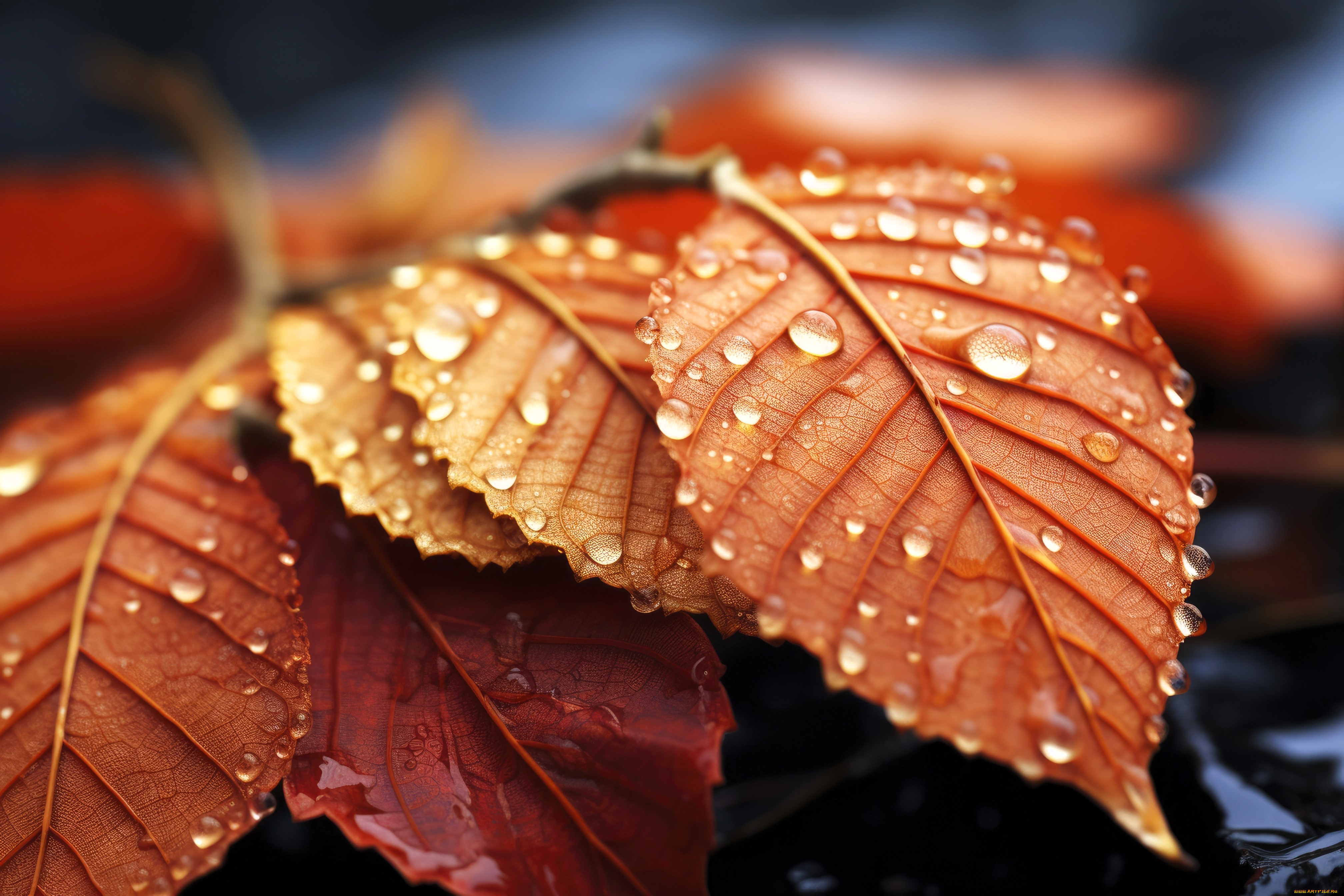 3д, графика, природа, , nature, листья, капли, осень