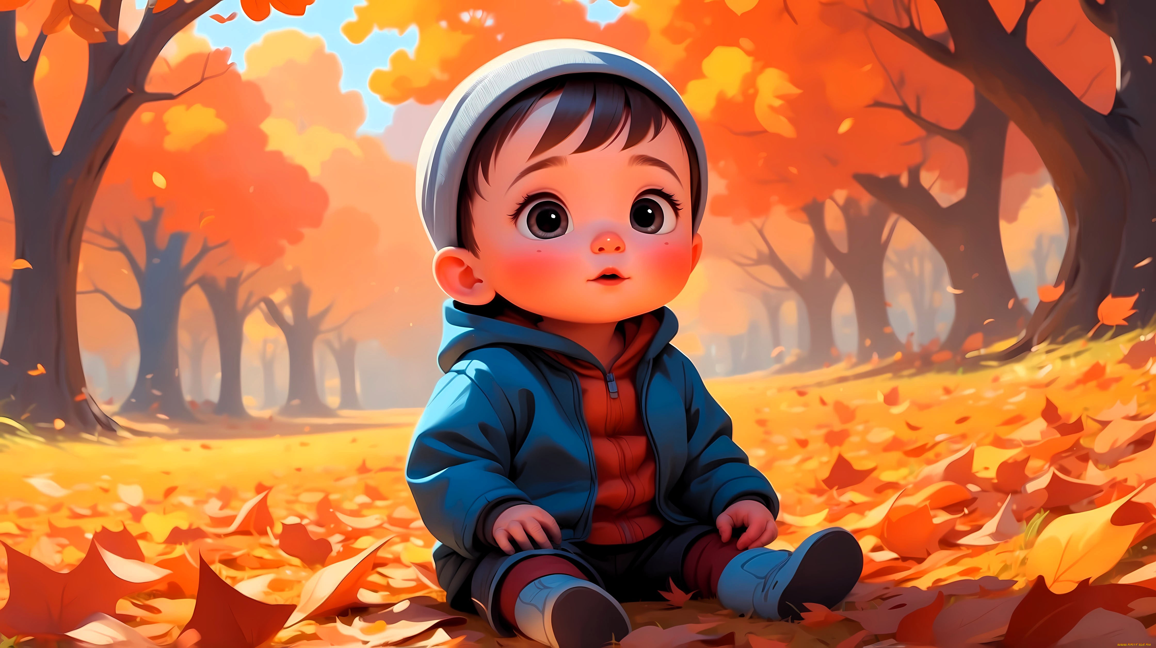 рисованное, дети, ребенок, листья, осень, деревья, парк