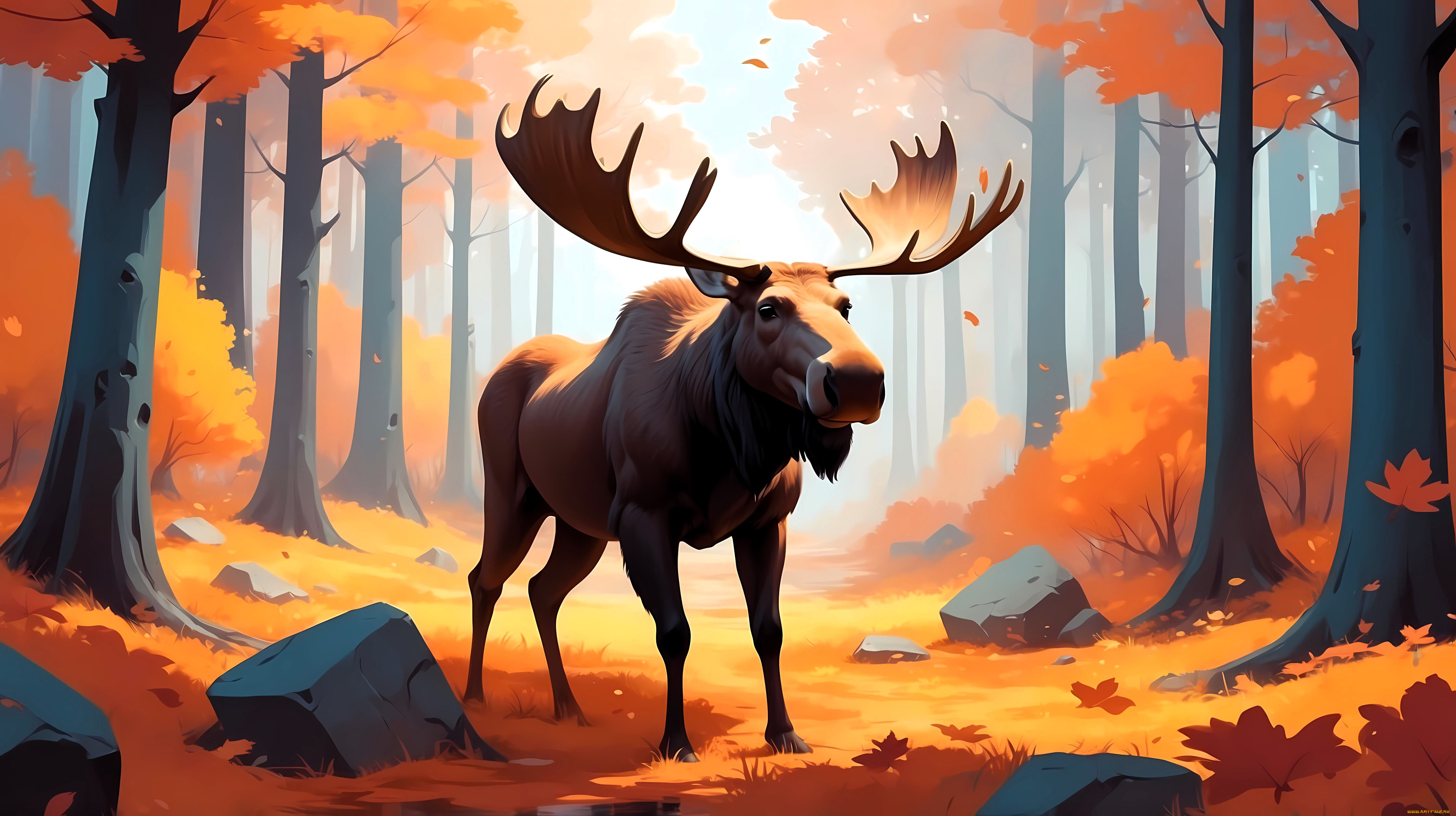 рисованное, животные, , лоси, лось, лес, осень, деревья, листья, камни