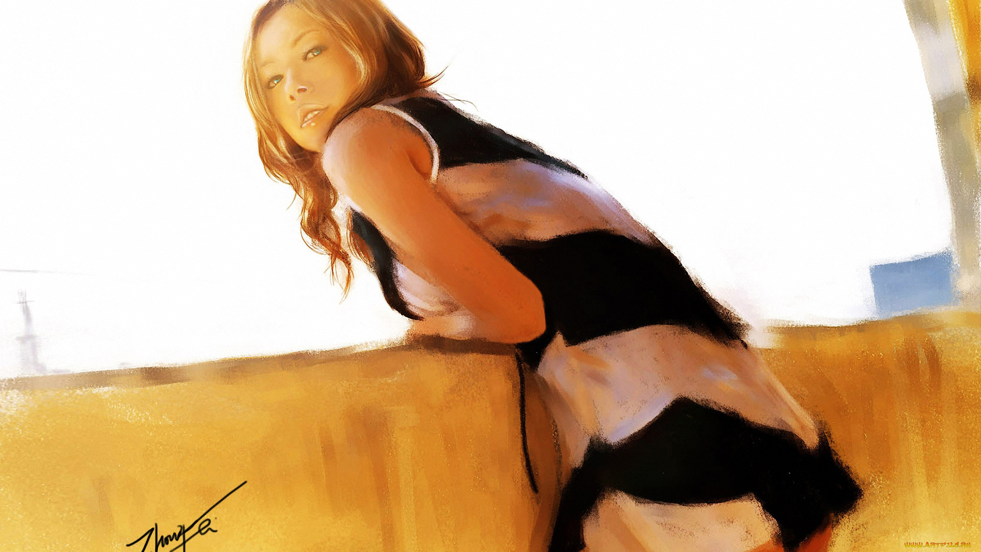 рисованные, девушка, платье, полосатое, балкон