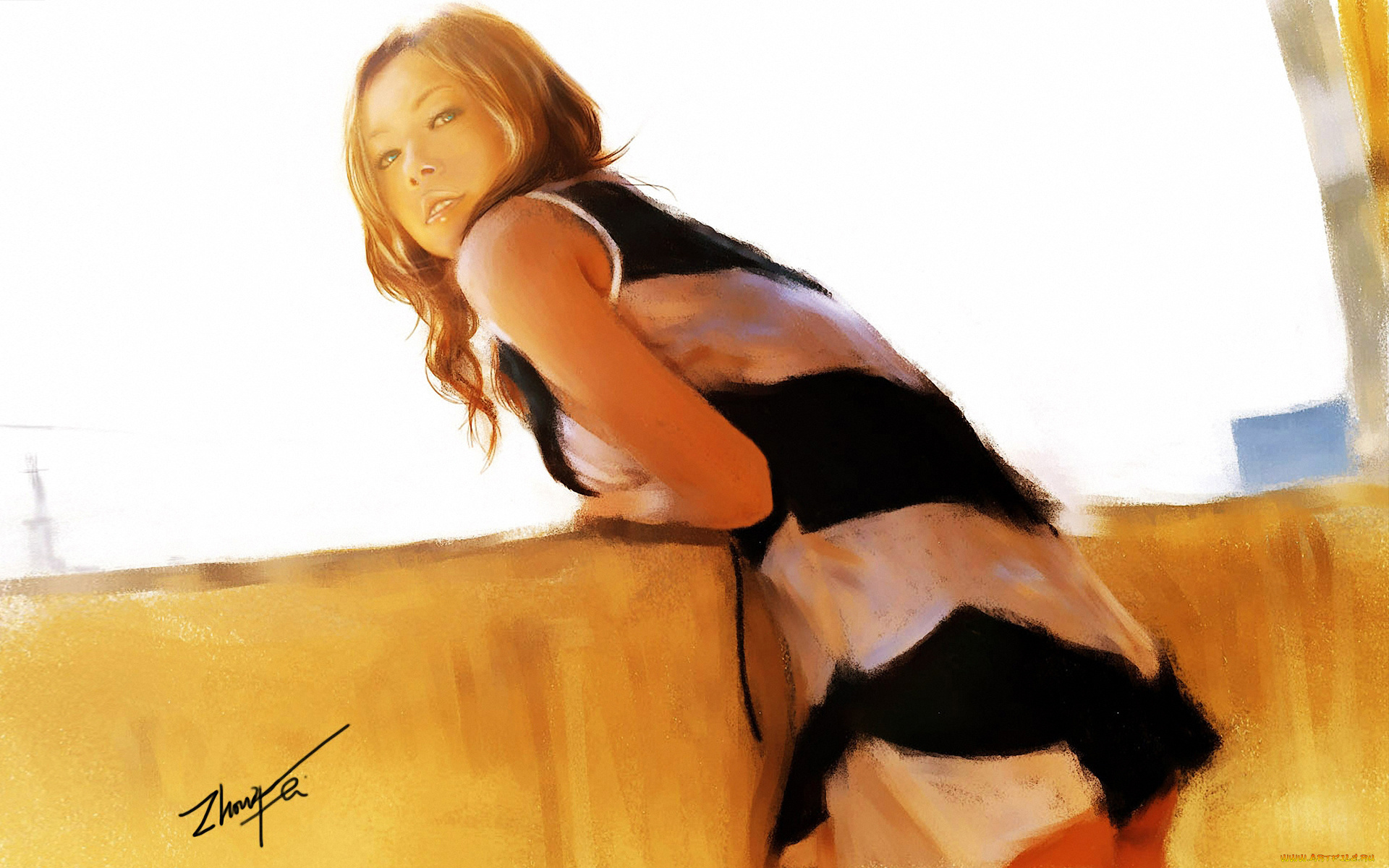 рисованные, девушка, платье, полосатое, балкон