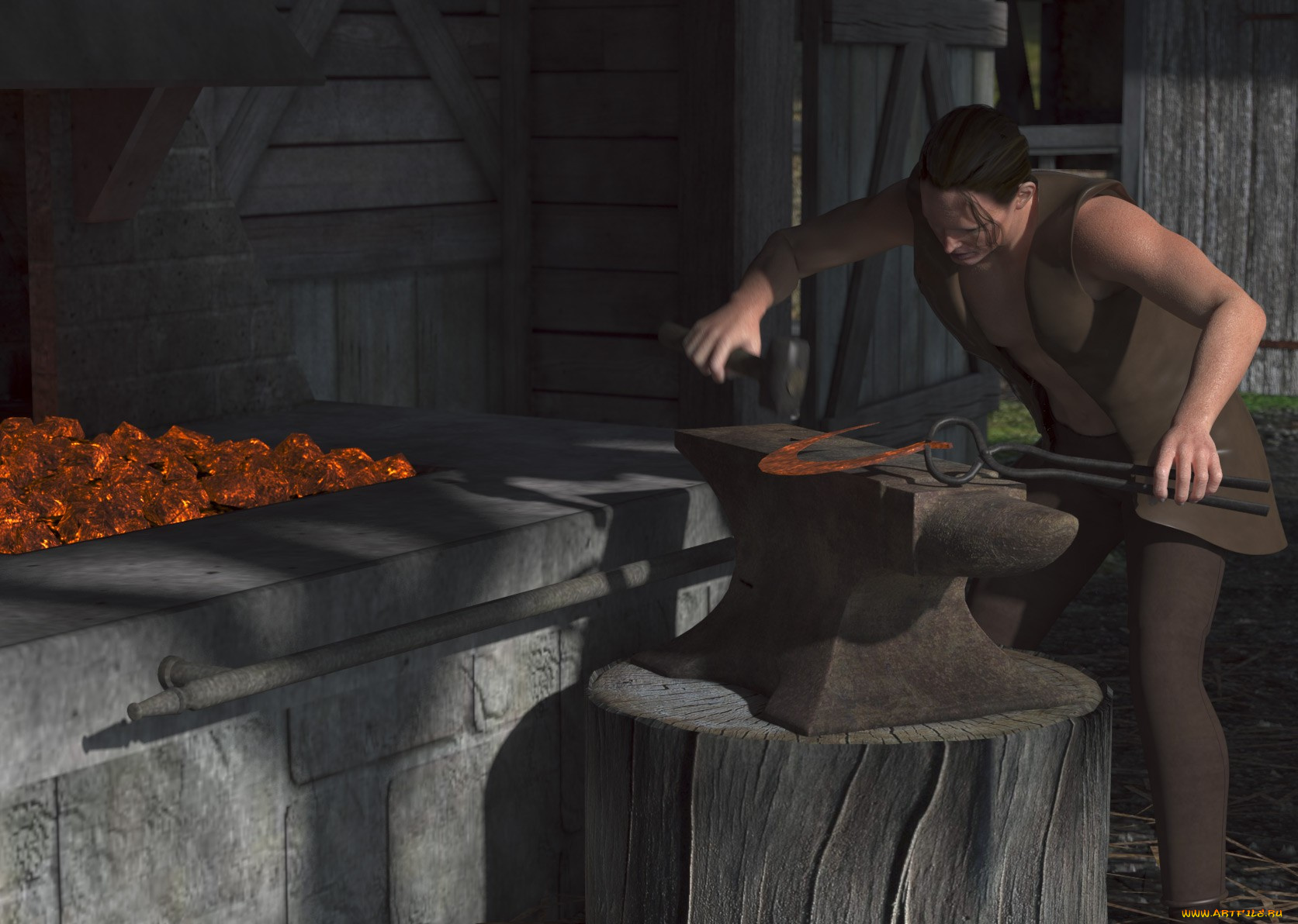 3д, графика, realism, реализм, кузнец, наковальня