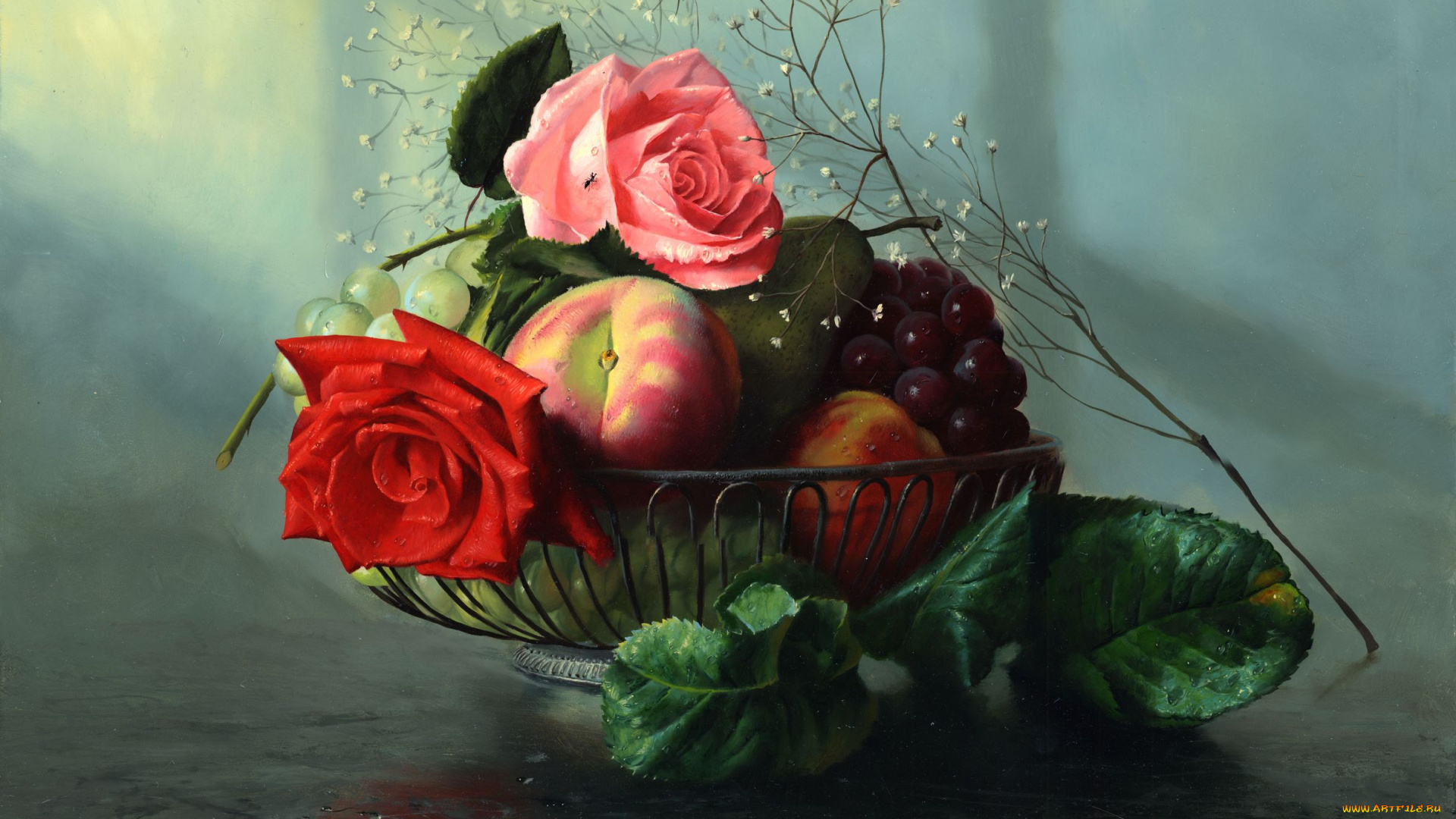 alexei, antonov, рисованные, алексей, антонов, роза, ваза, яблоко, виноград