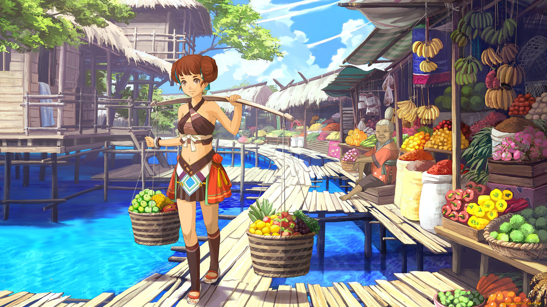 аниме, *unknown, другое, рынок, фрукты, девушка