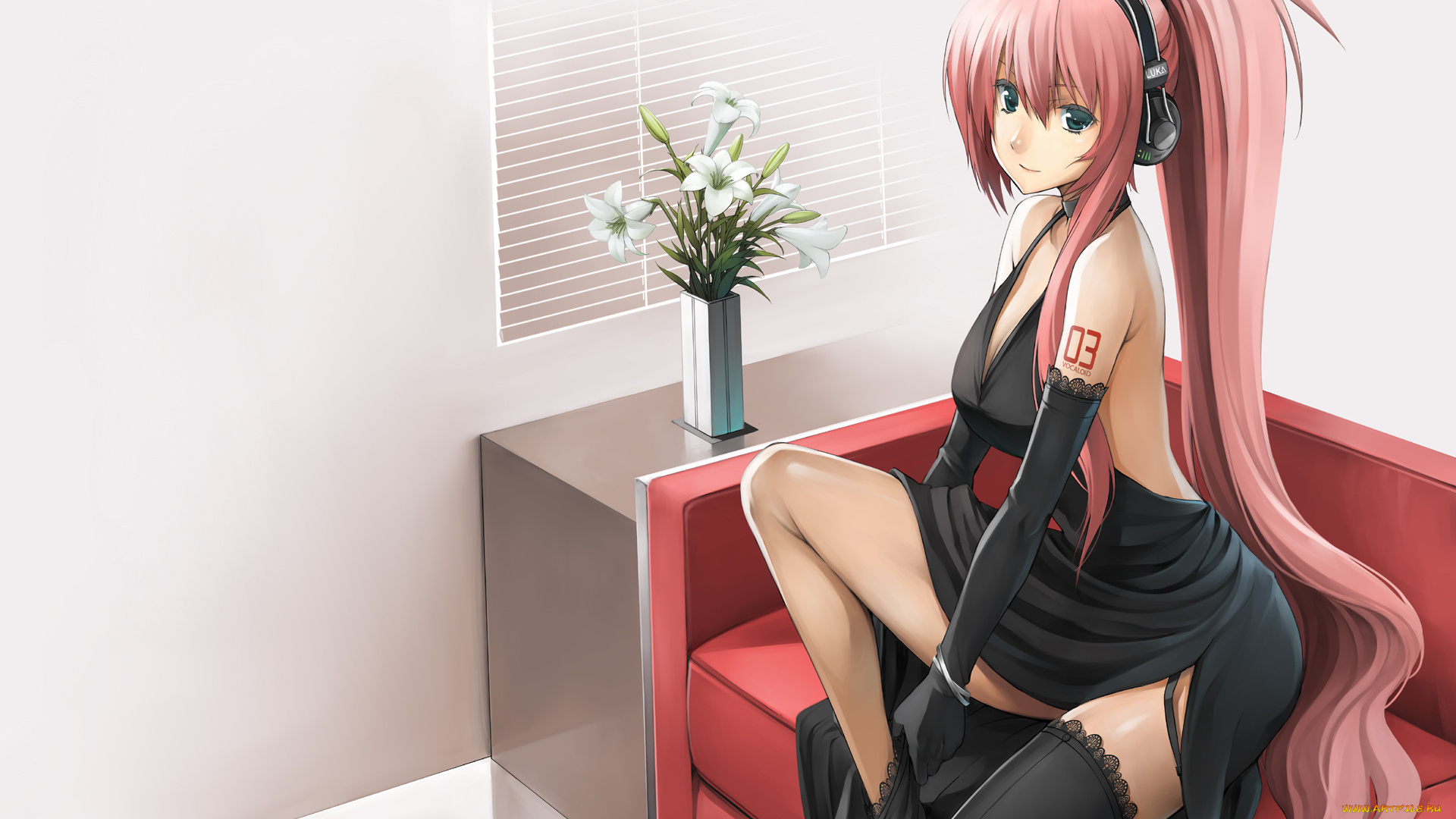 аниме, vocaloid, цветы, девушка, розовая, диван