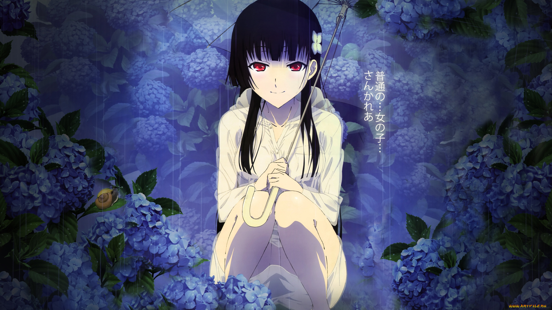 аниме, sankarea, дождь, девушка, гортензия, rea, sanka, улитка