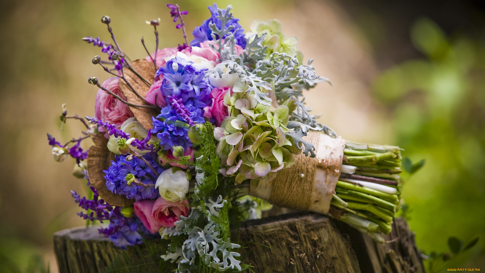 цветы, букеты, композиции, пенек, букет, гортензия, гиацинт