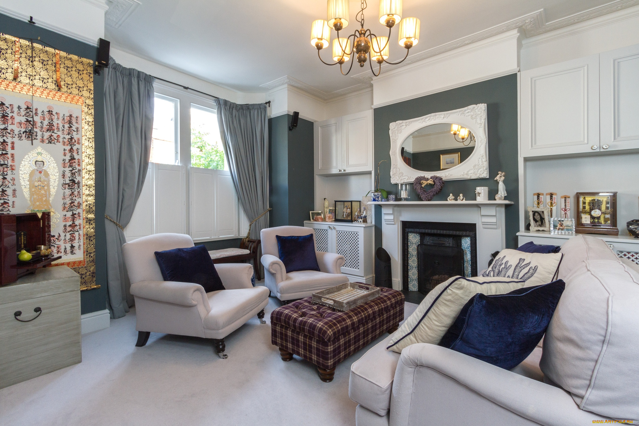 интерьер, гостиная, кресла, камин, декор