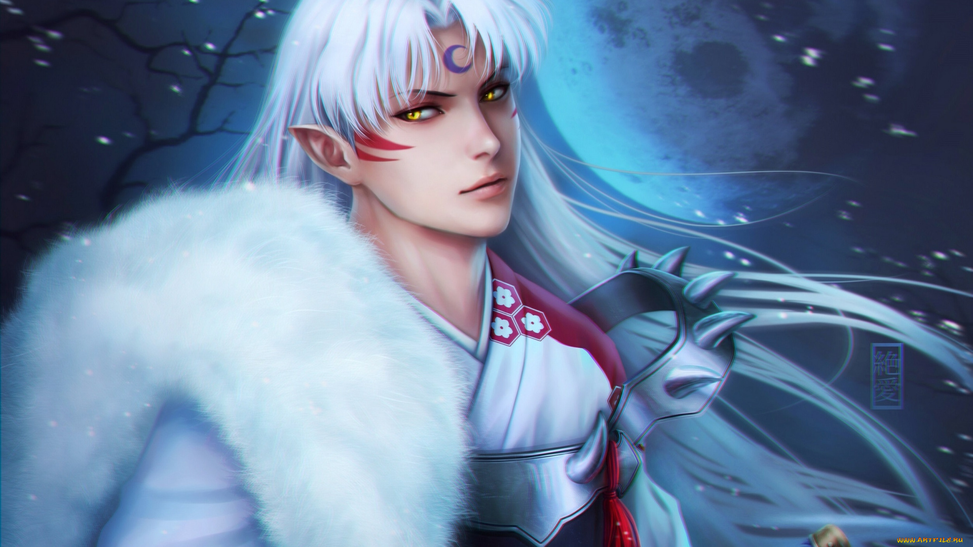 эльфы, ночь, парень, sesshomaru, inuyasha, zetsuai89, белые, волосы, меч, лепестки, мех, луна