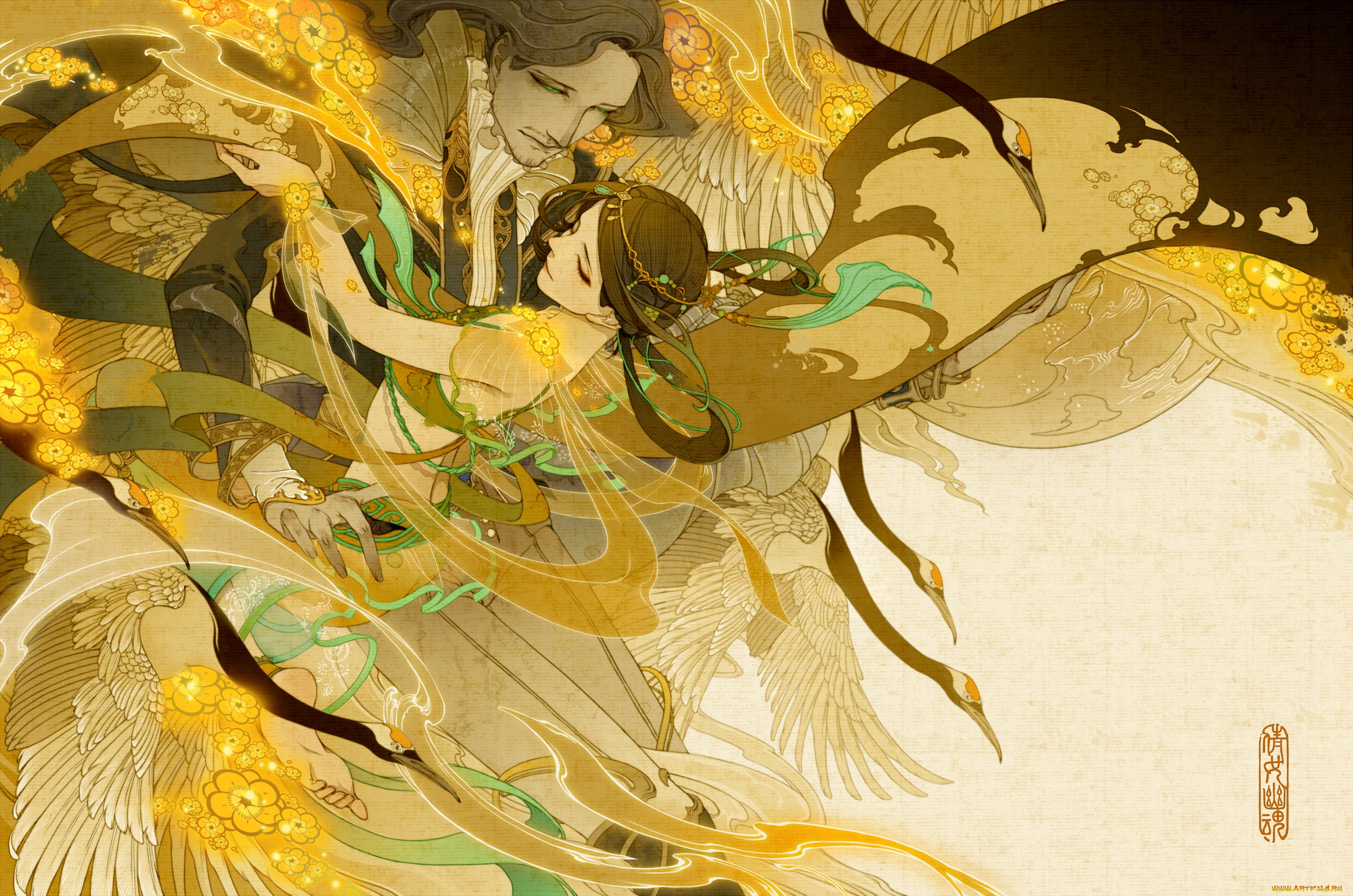 фэнтези, люди, птица, девушка, мужчина, арт