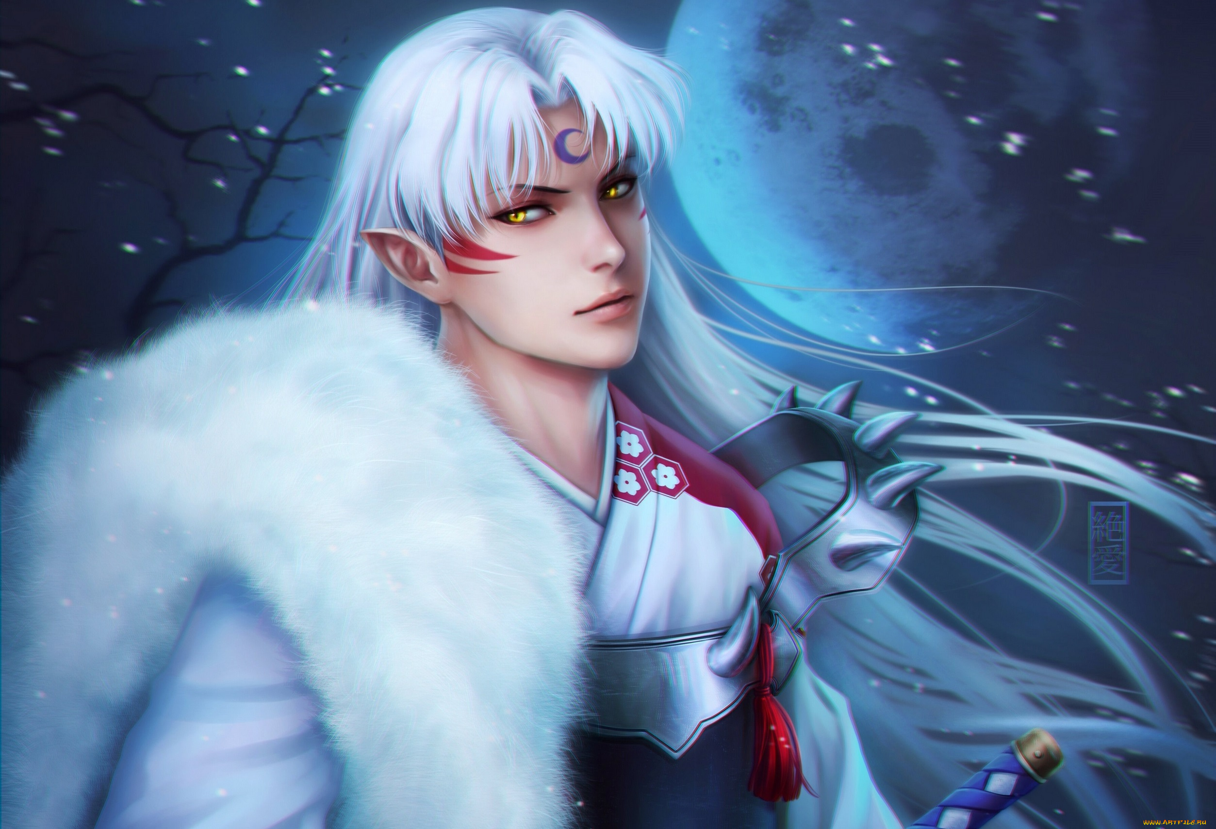 эльфы, ночь, парень, sesshomaru, inuyasha, zetsuai89, белые, волосы, меч, лепестки, мех, луна