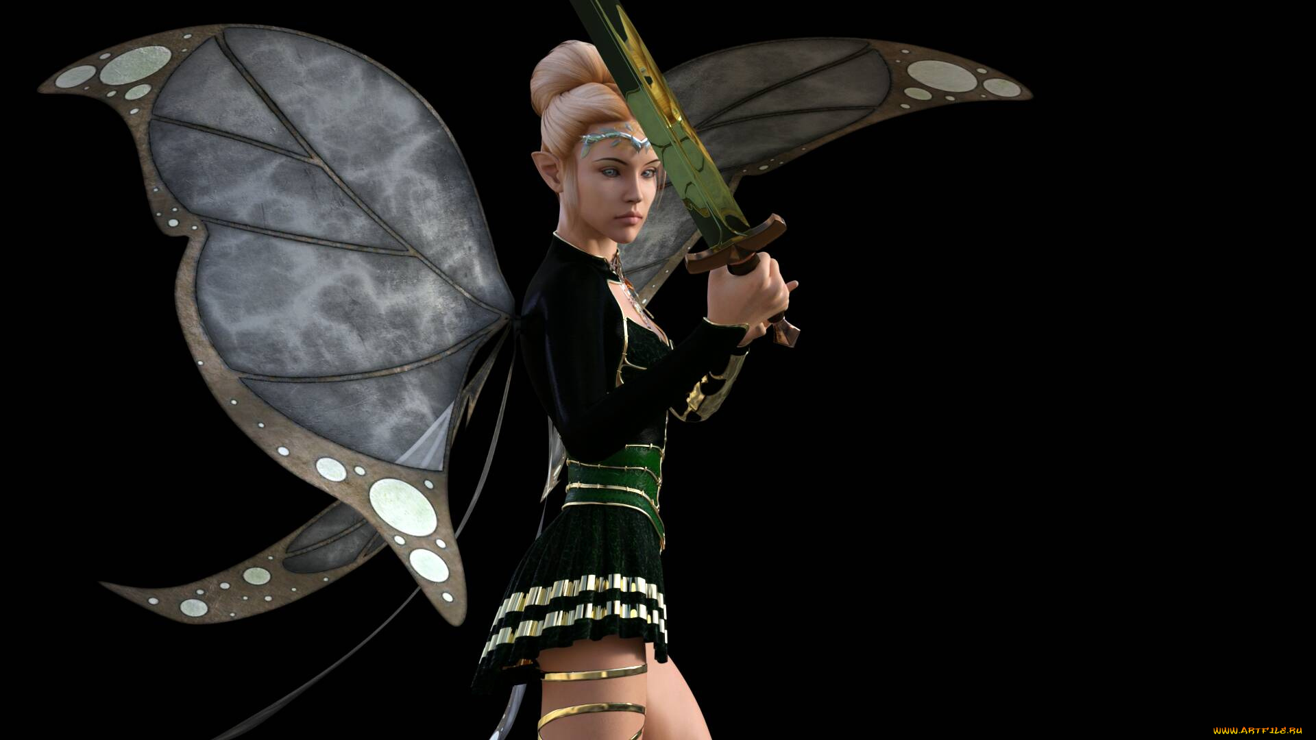 3д, графика, эльфы, , elves, взгляд, эльфийка, оружие, фон