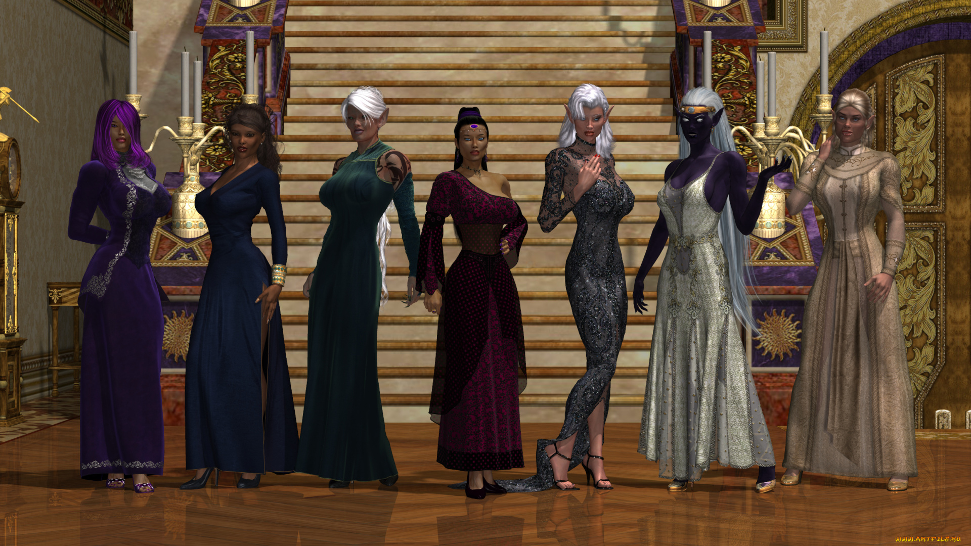 3д, графика, фантазия, , fantasy, девушки, взгляд, фон, эльфийки, лестница