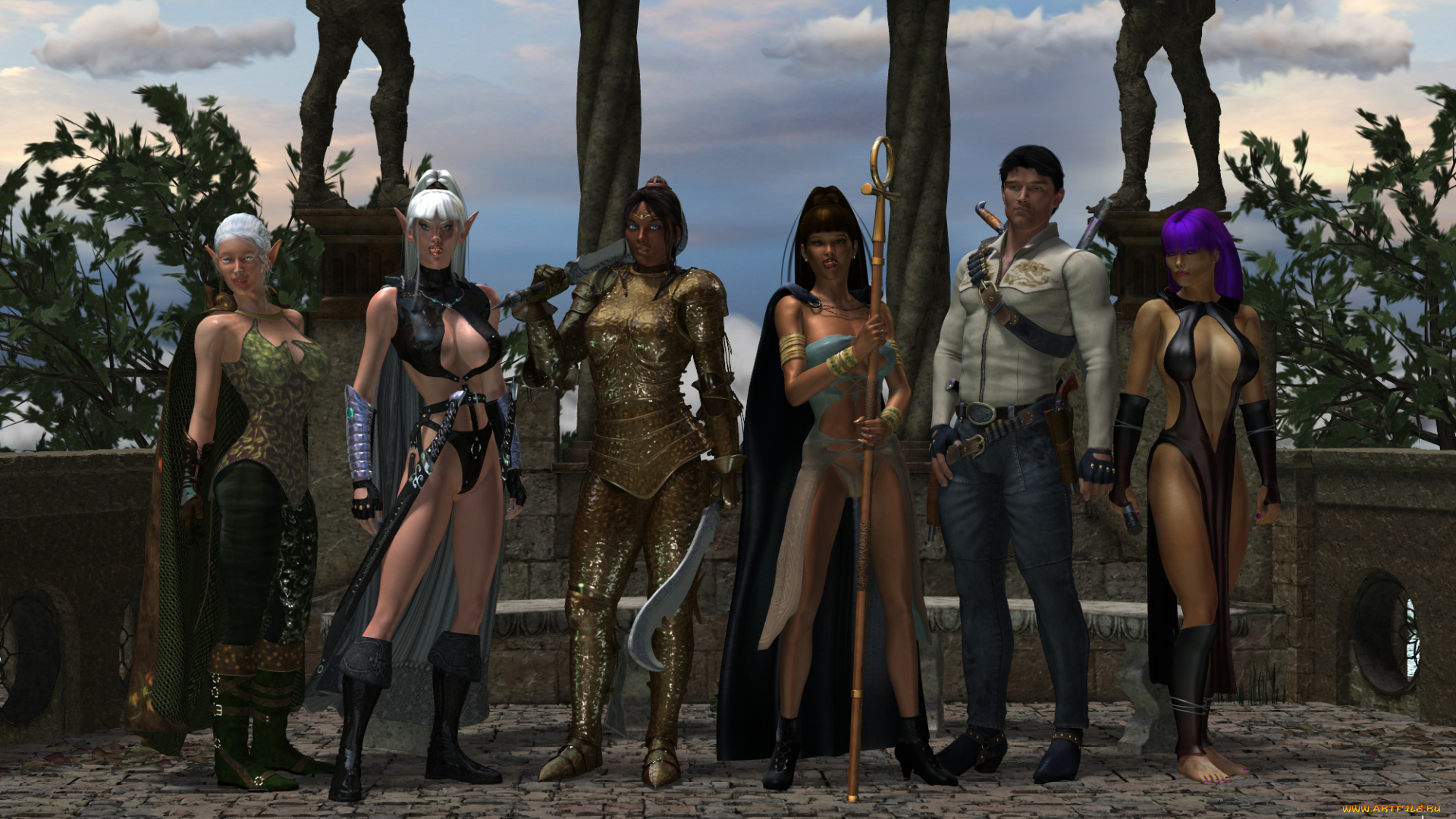 3д, графика, фантазия, , fantasy, эльфийки, оружие, фон, взгляд, девушки