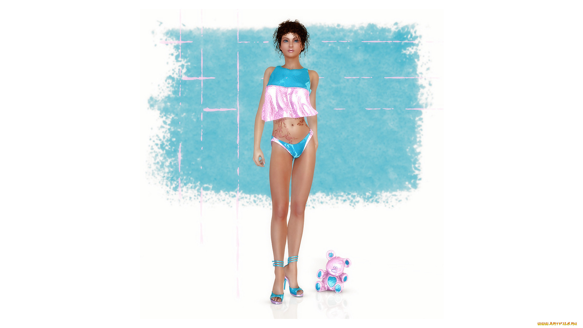 3д, графика, люди, , people, девушка, мишка, взгляд, фон