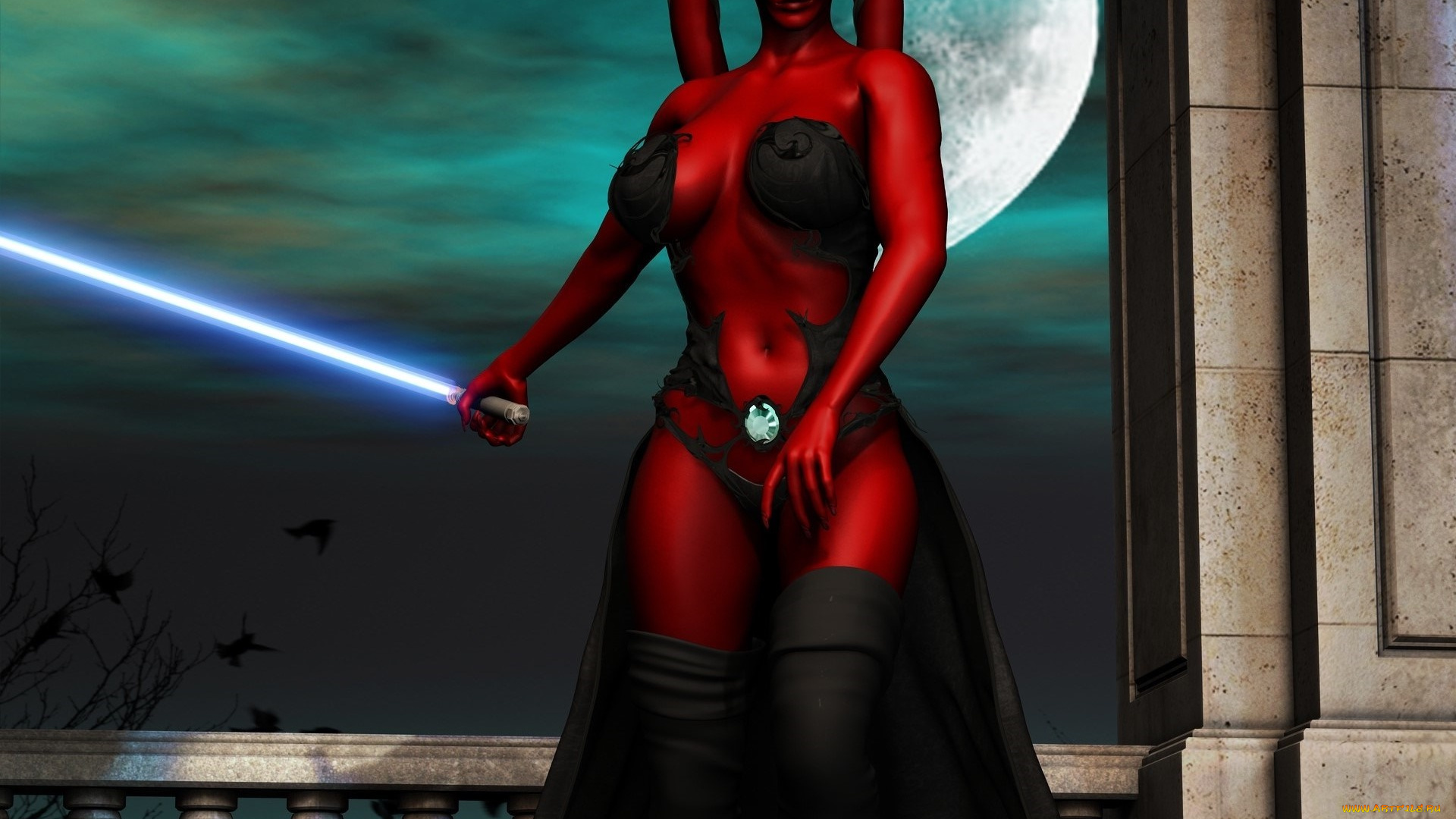 3д, графика, существа, , creatures, кастаника, взгляд, фон, оружие, луна