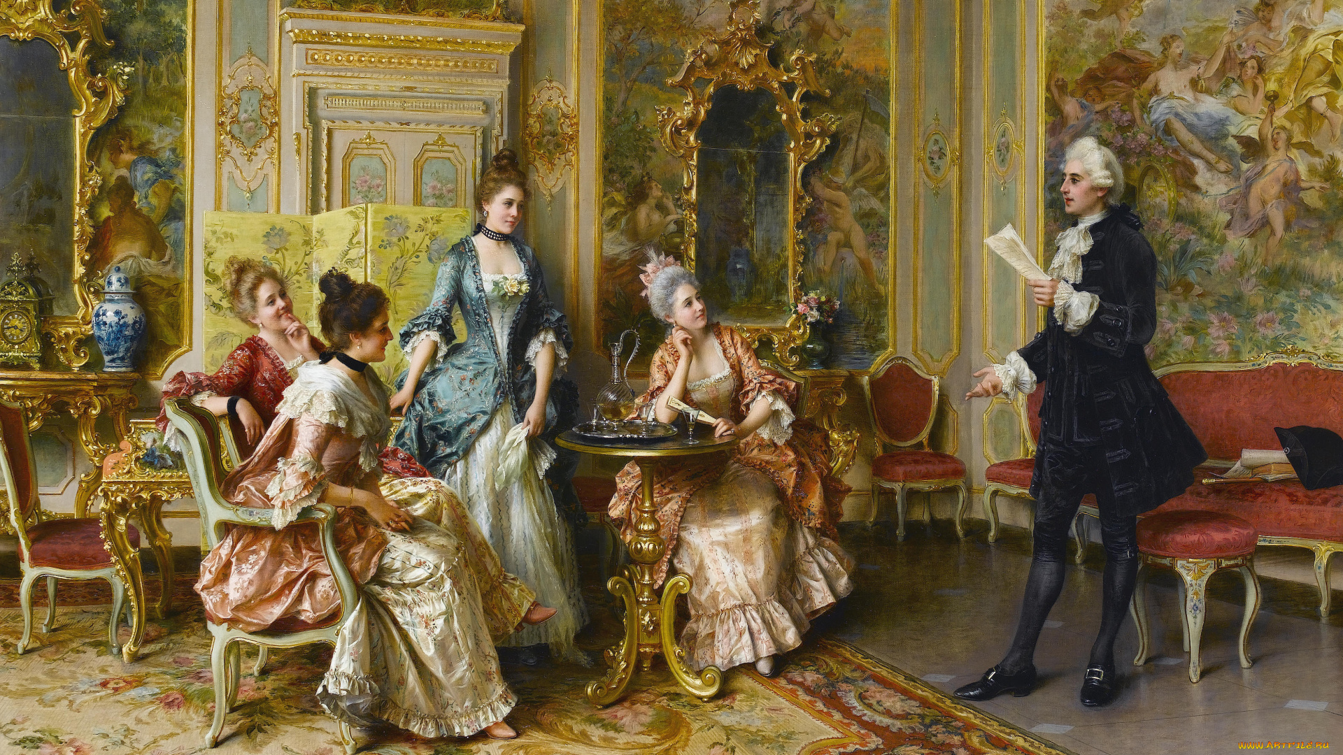 arturo, ricci, -, солист, рисованное, живопись, чаепитие, дамы, ковер, дворец