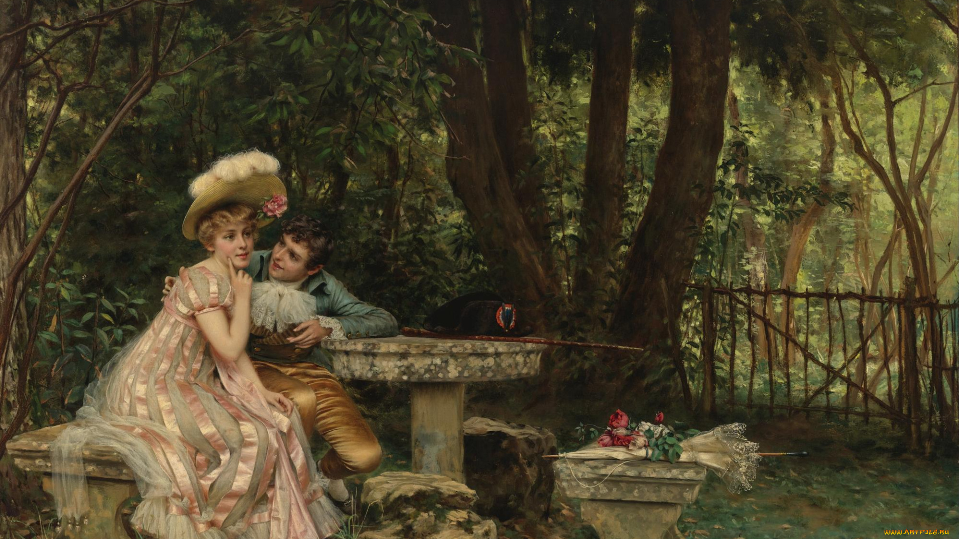 charles, joseph, frederic, soulacroix, -, Я, осмелюсь, рисованное, живопись, парк, стол, кавалер, пара, дама, любовь