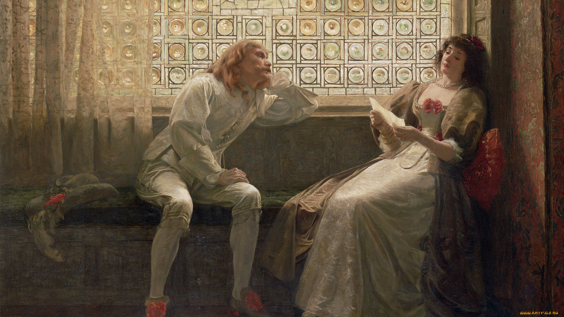 charles, seton, рисованное, живопись, витраж, окно, дама, кавалер, листок