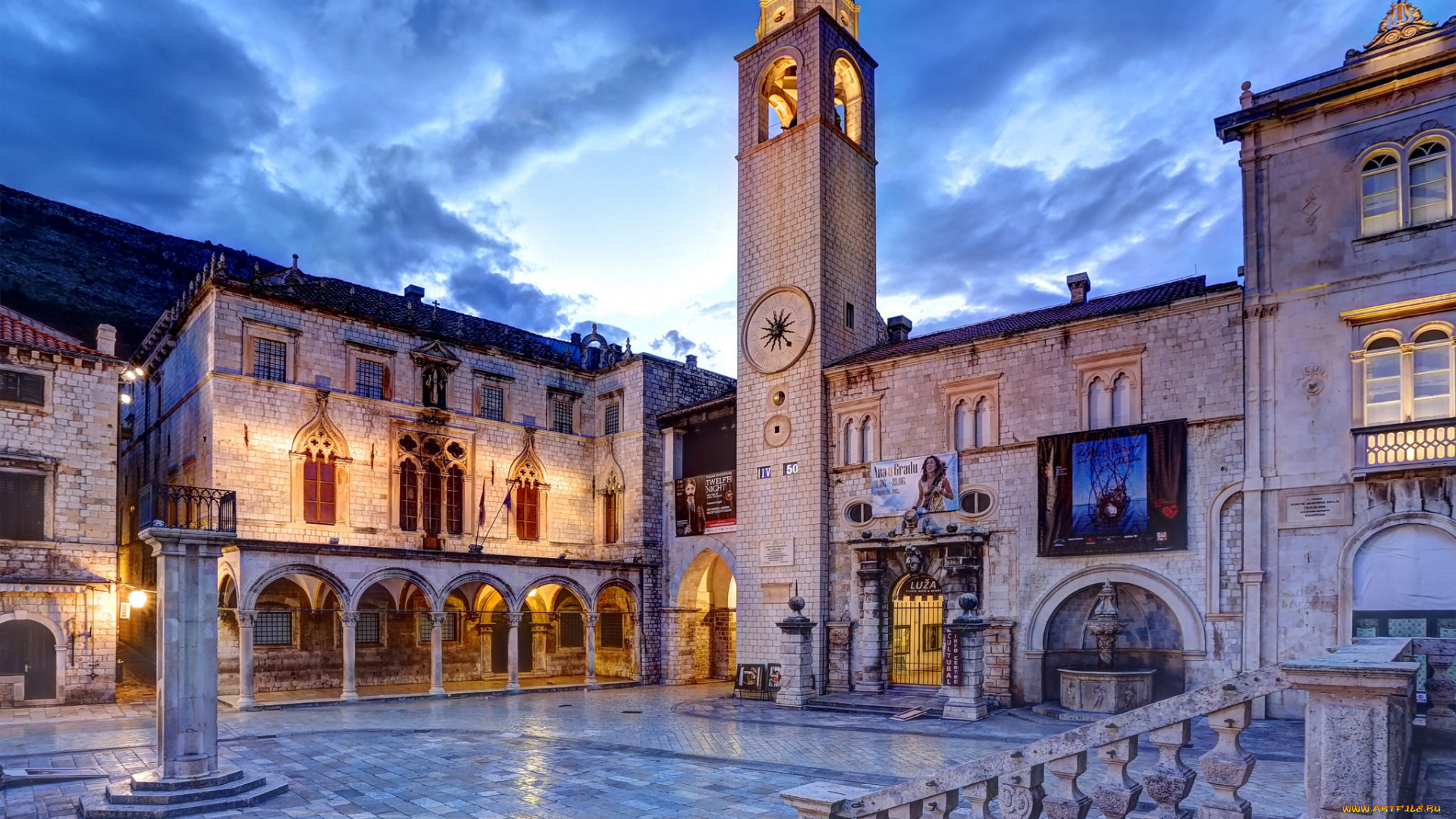 dubrovnik, города, дубровник, , хорватия, огни, башня, площадь