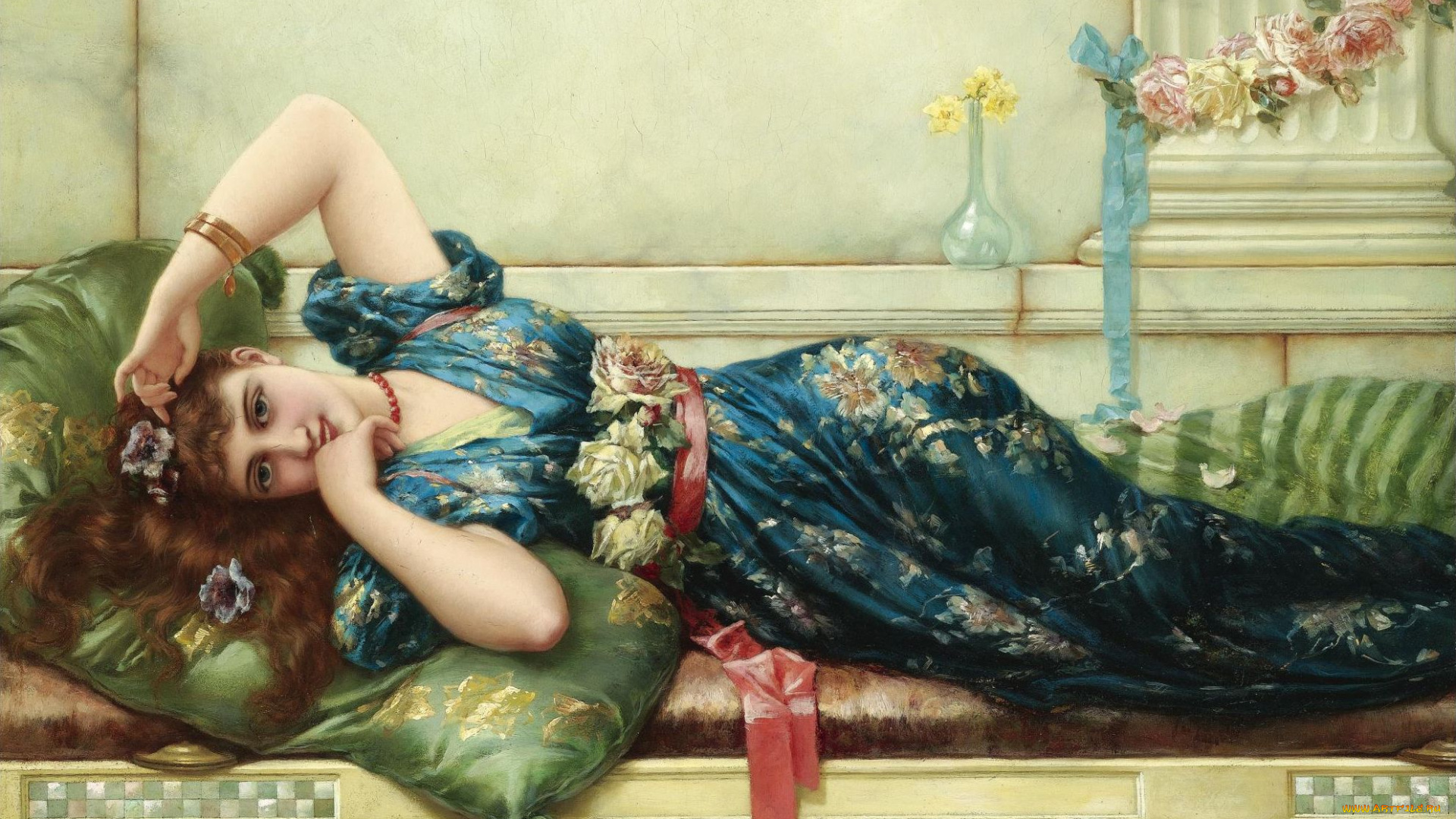 emile, eisman, semenowsky, -, лежащая, одалиска, рисованное, живопись, девушка, цветы, подушки, отдых