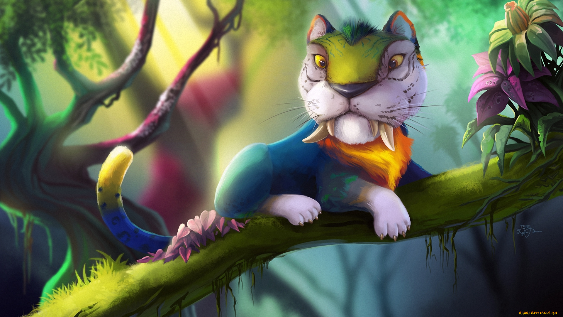 фэнтези, существа, дерево, ветка, кошка, хищник, дикая, клыки