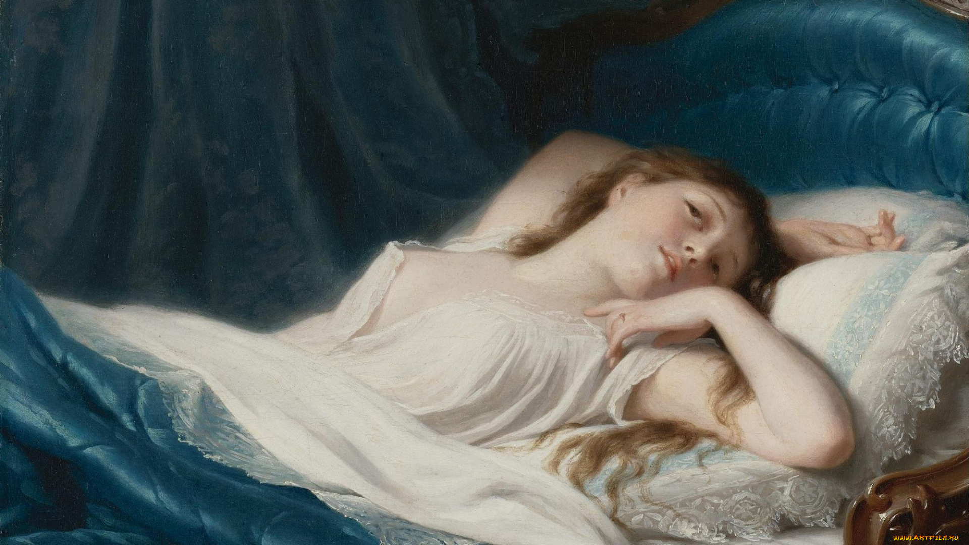 fritz, zuber, buhler-, отдыхающая, красавица, рисованное, живопись, декольте, девушка, отдых, постель, кровать
