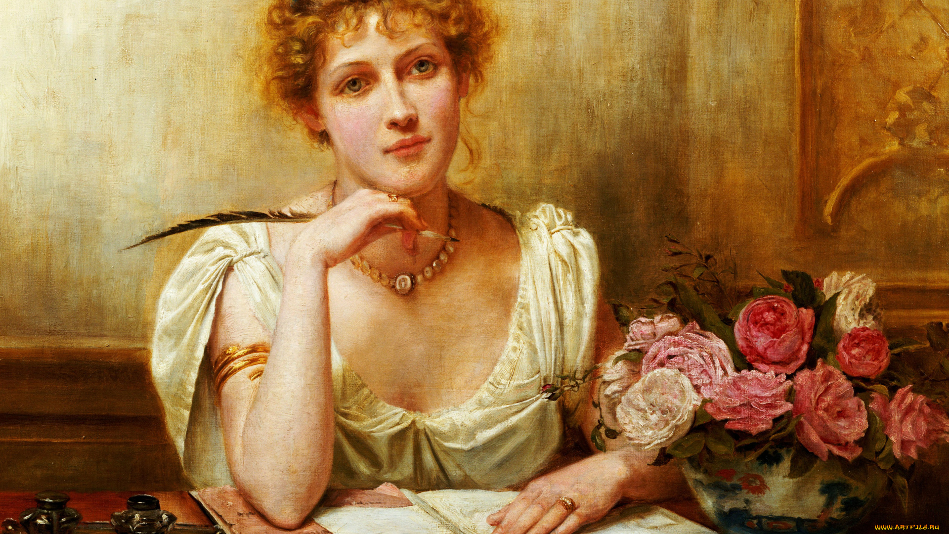 george, goodwin, kilburne, -, письмо, рисованное, живопись, девушка, цветы, чернила, бумага, перо