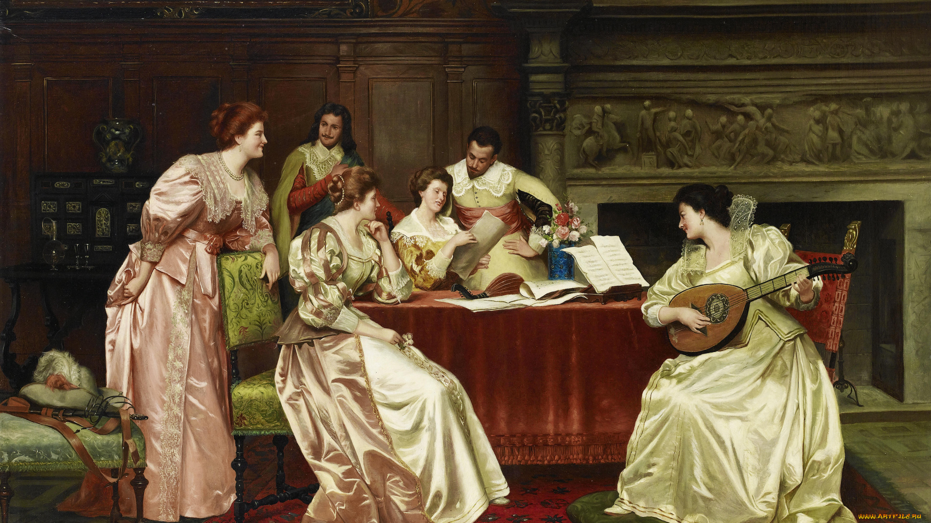 guglielmo, zocchi, -, музыкальный, вечер, рисованное, живопись, камин, мандолина, ноты, кавалеры, дамы, стол