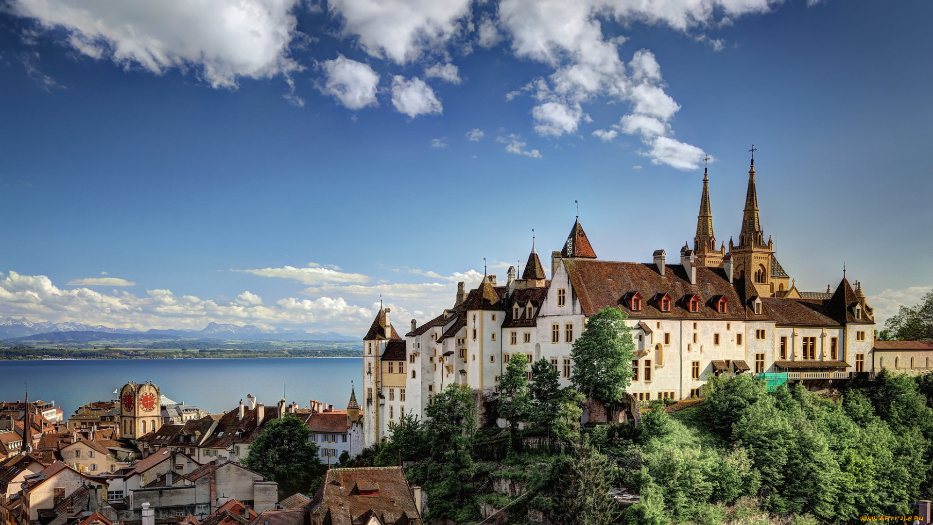 neuchatel, castle, города, замки, швейцарии, замаок, городок, побережье