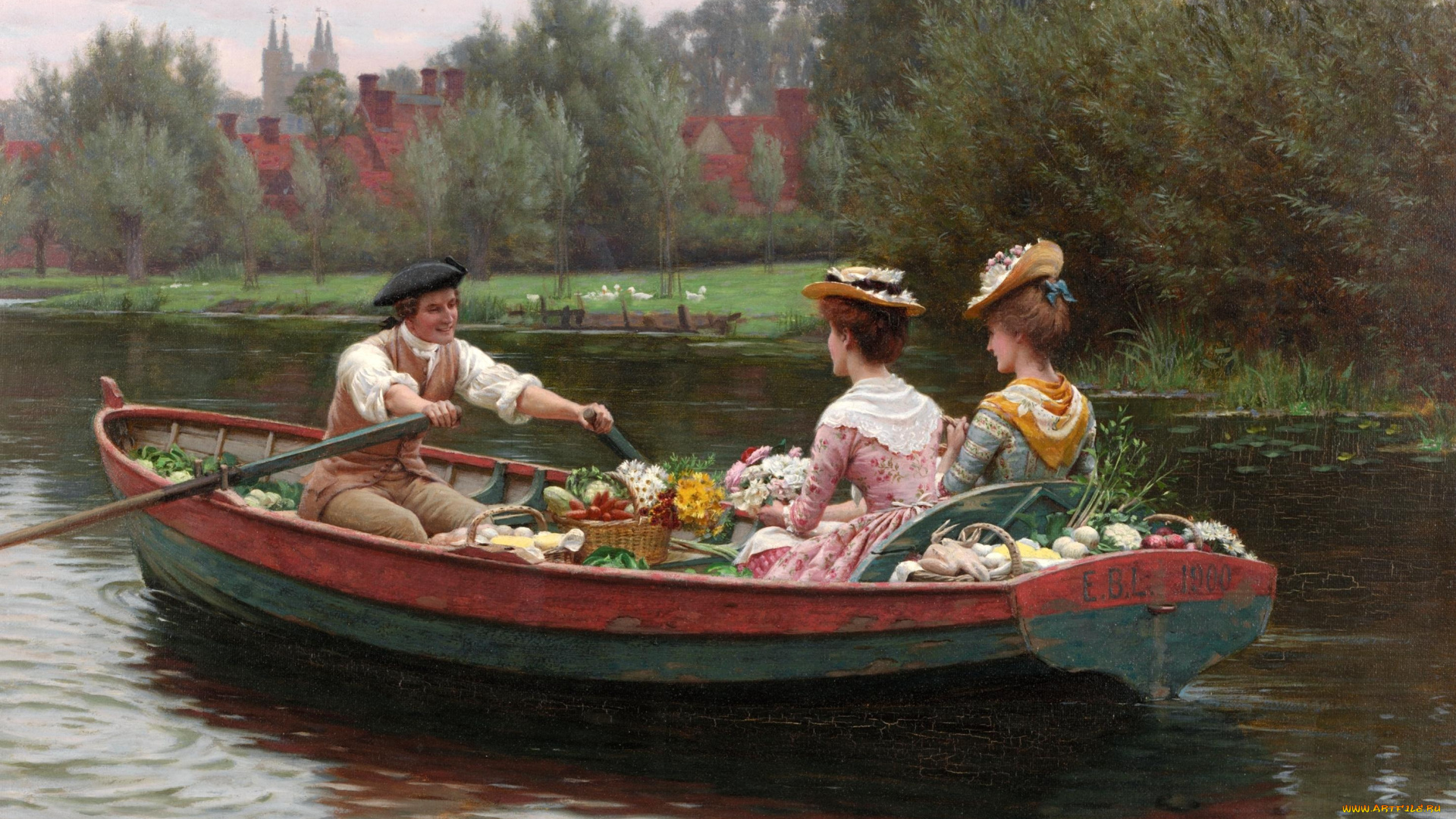 Ярмарочный, день, рисованное, edmund, blair, leighton, лодка, кавалер, дамы, покупки, река, берега