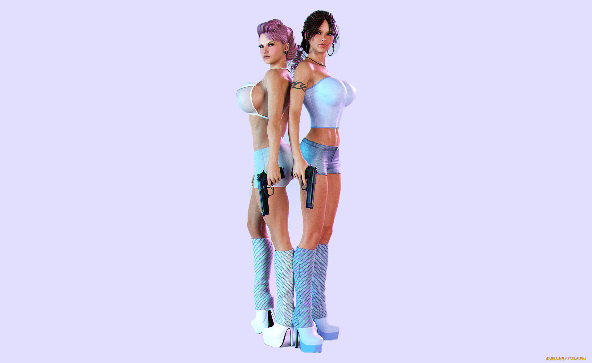 3д, графика, фантазия, , fantasy, девушки, фон, взгляд, пистолет