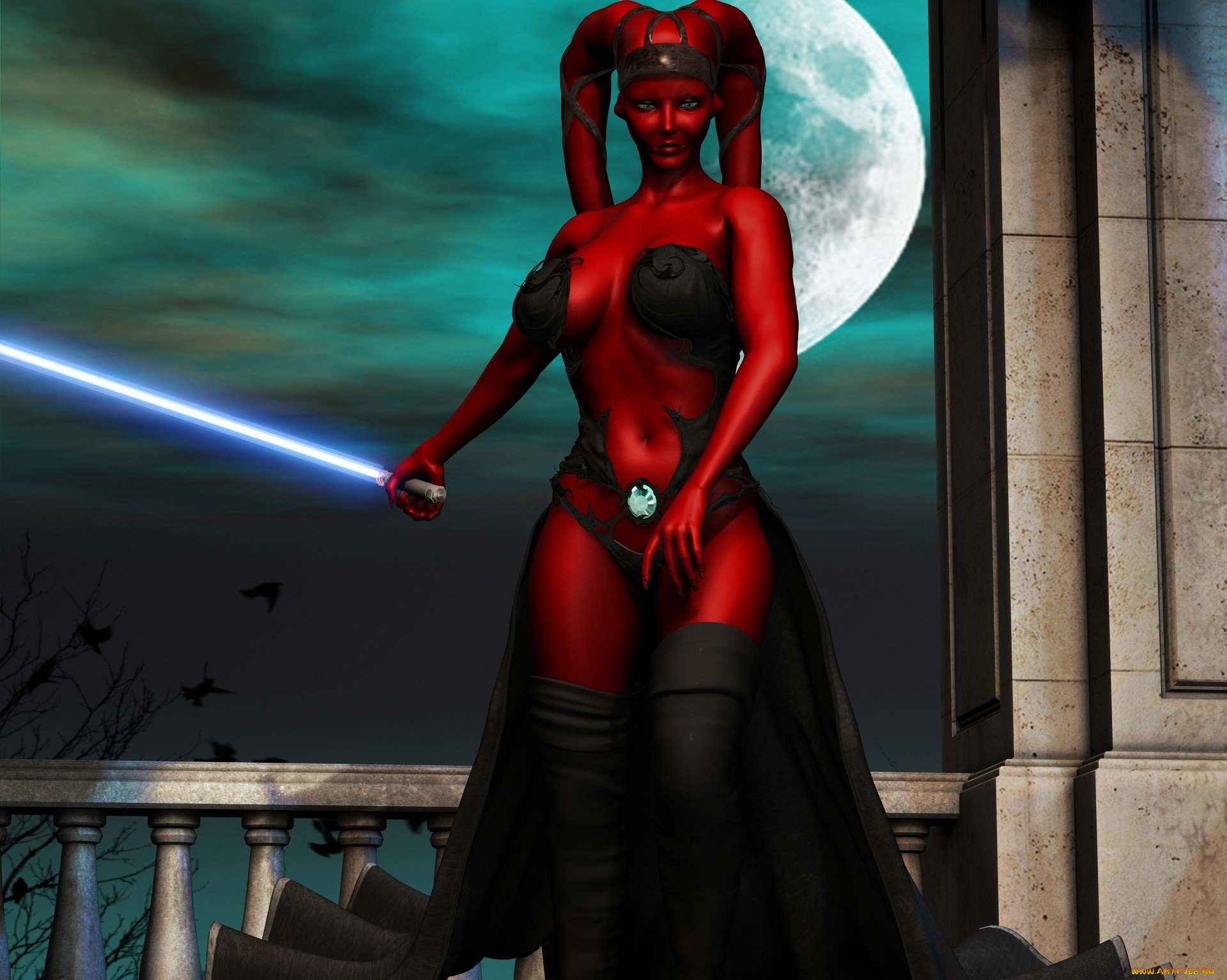 3д, графика, существа, , creatures, кастаника, взгляд, фон, оружие, луна