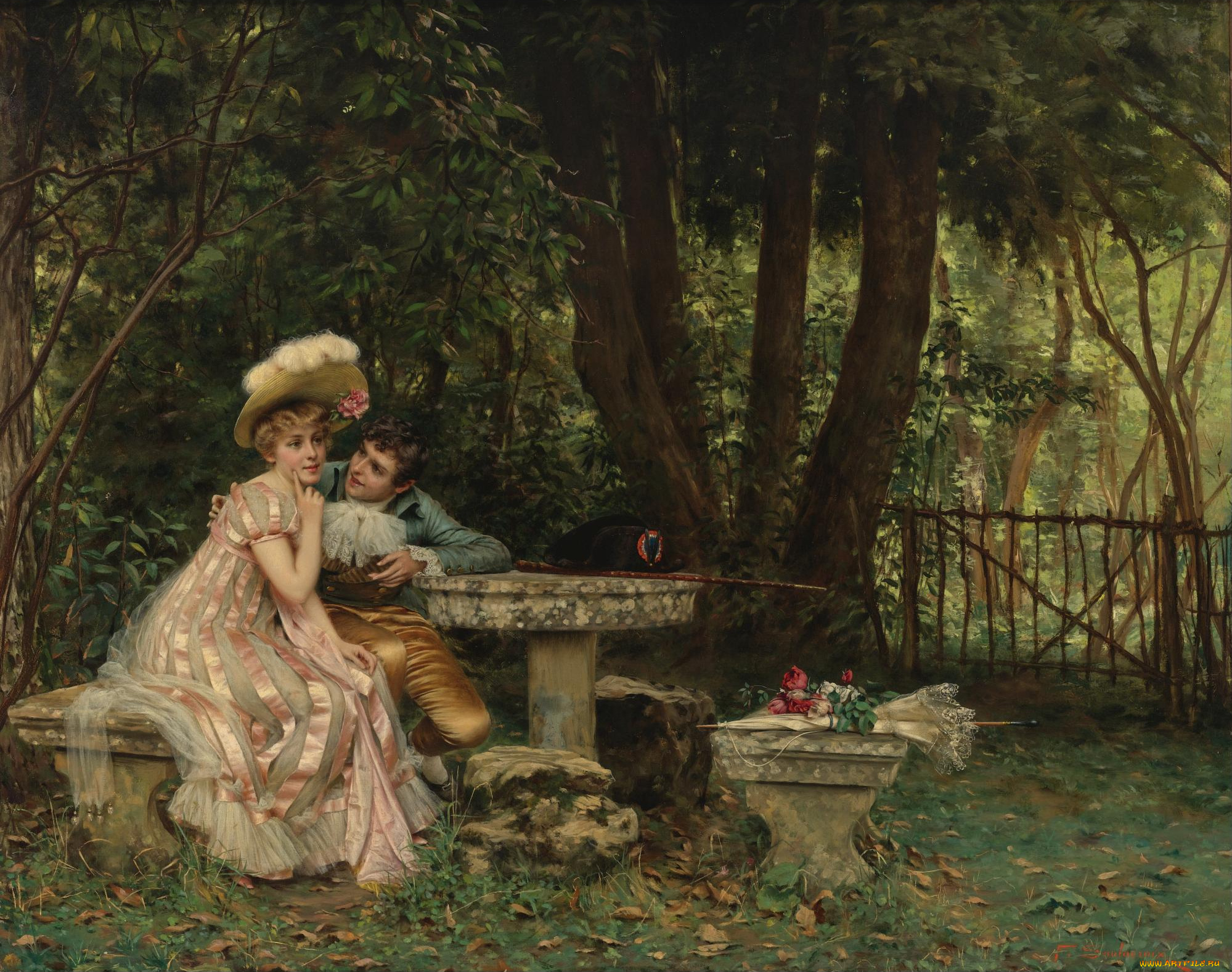 charles, joseph, frederic, soulacroix, -, Я, осмелюсь, рисованное, живопись, парк, стол, кавалер, пара, дама, любовь