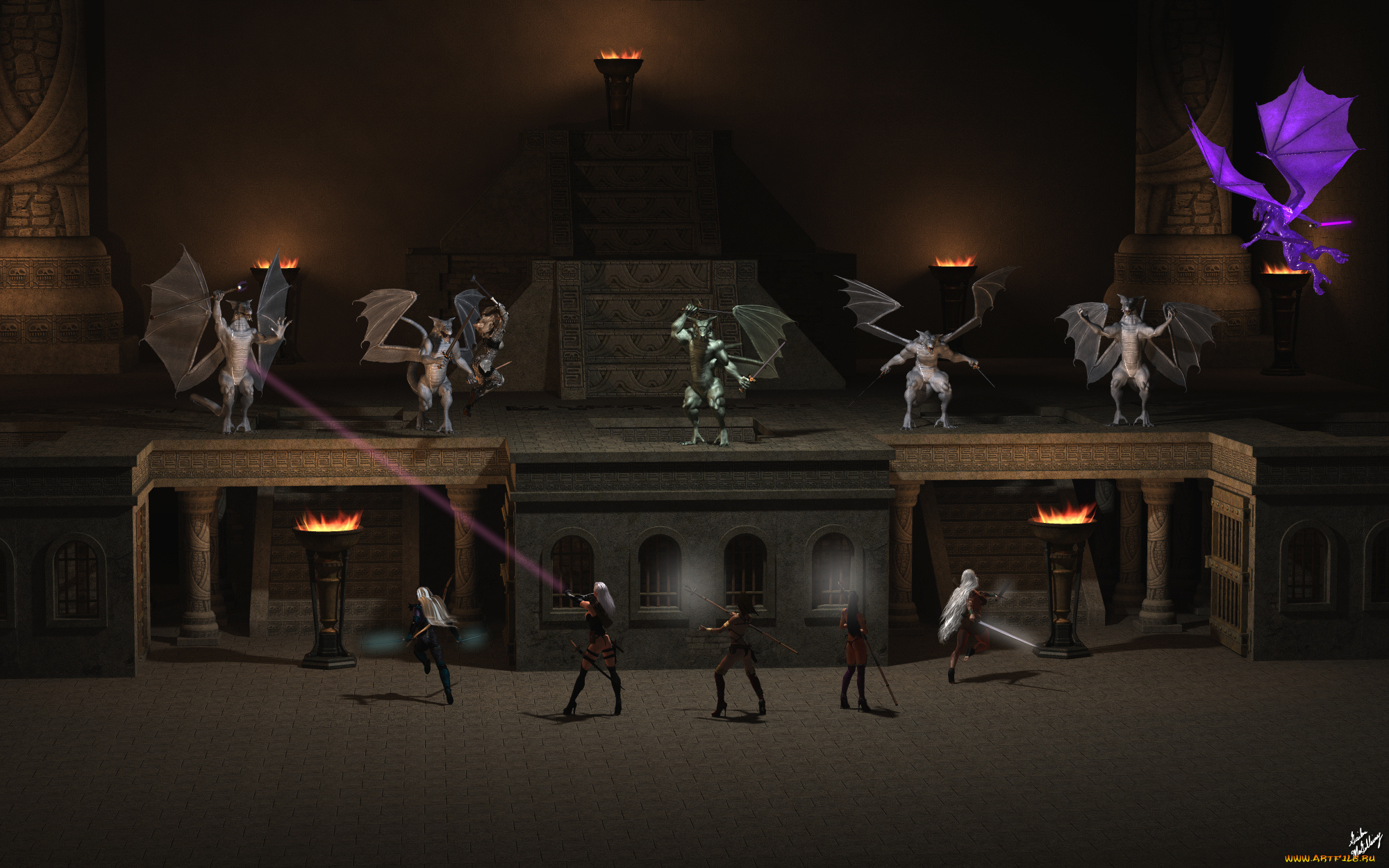 3д, графика, фантазия, , fantasy, девушки, взгляд, фон, оружие, демоны