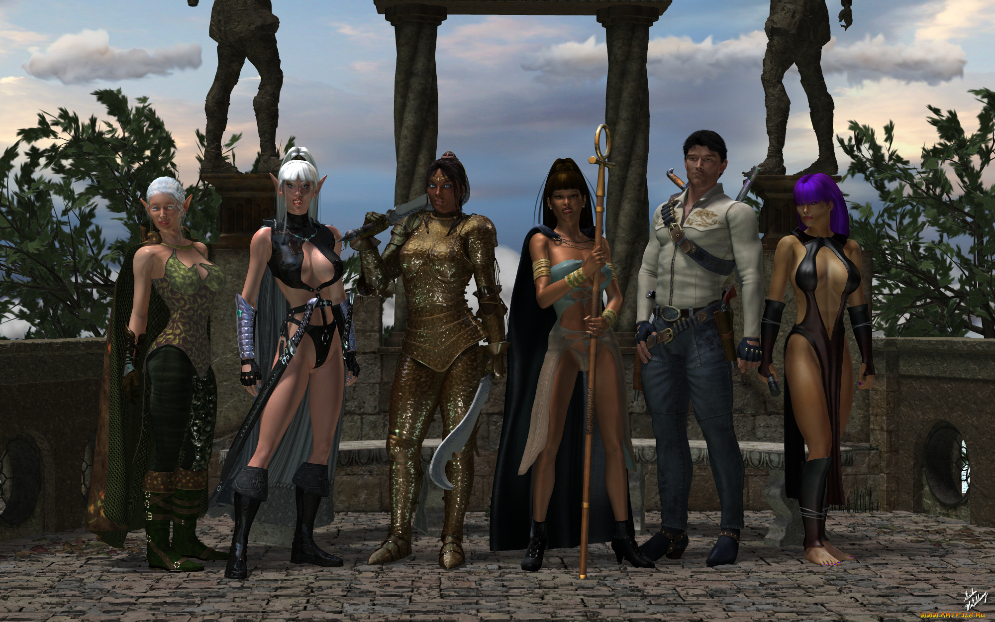 3д, графика, фантазия, , fantasy, эльфийки, оружие, фон, взгляд, девушки