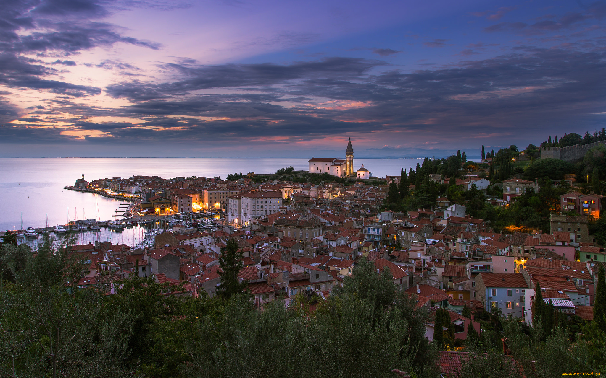piran, , slovenia, города, -, пейзажи, побережье, огни, ночь