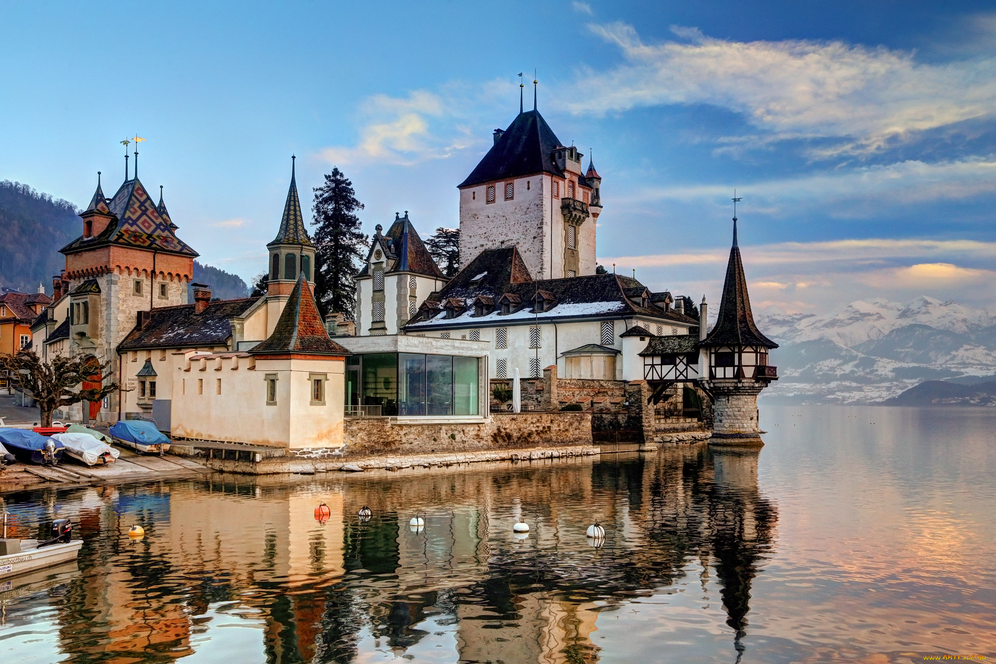 oberhofen, castle, города, замок, оберхофен, , швейцария, озеро, замок, горы