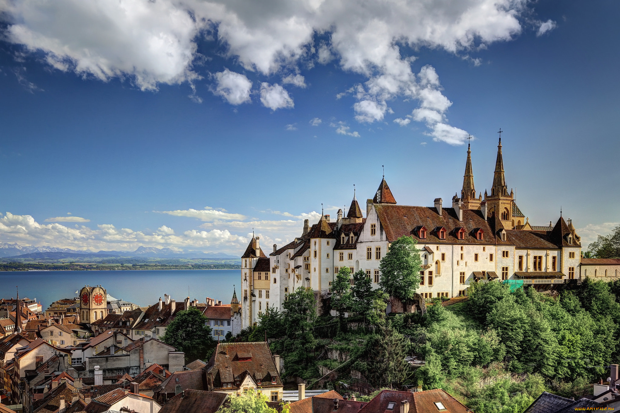neuchatel, castle, города, замки, швейцарии, замаок, городок, побережье
