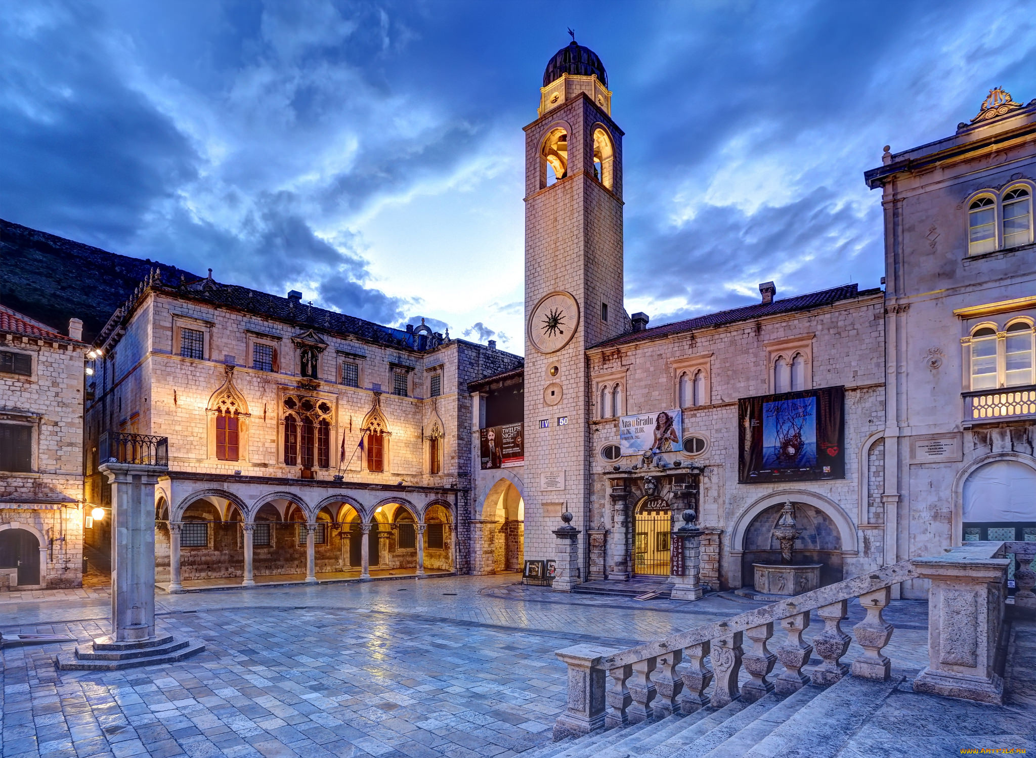 dubrovnik, города, дубровник, , хорватия, огни, башня, площадь