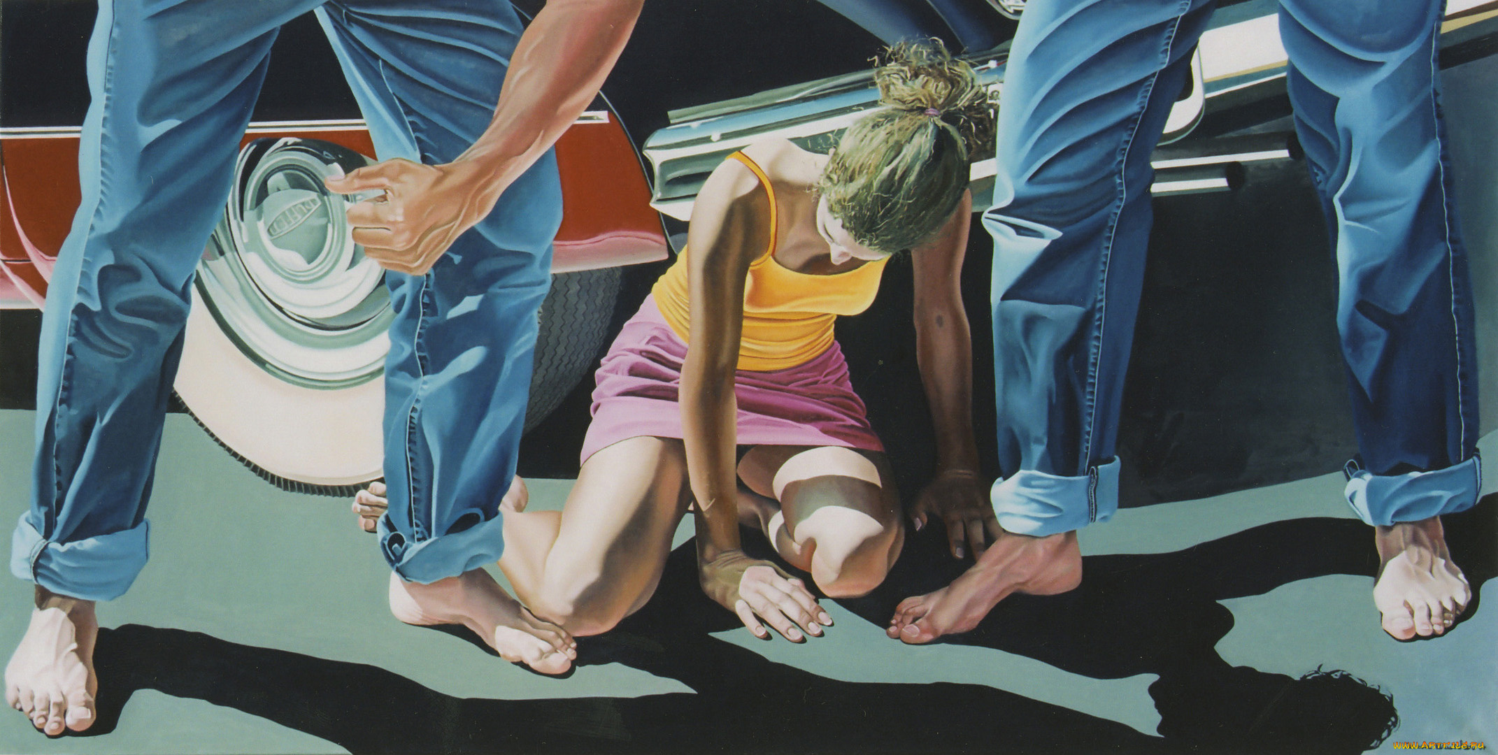 рисованное, люди, машина, девушка, руки, ноги