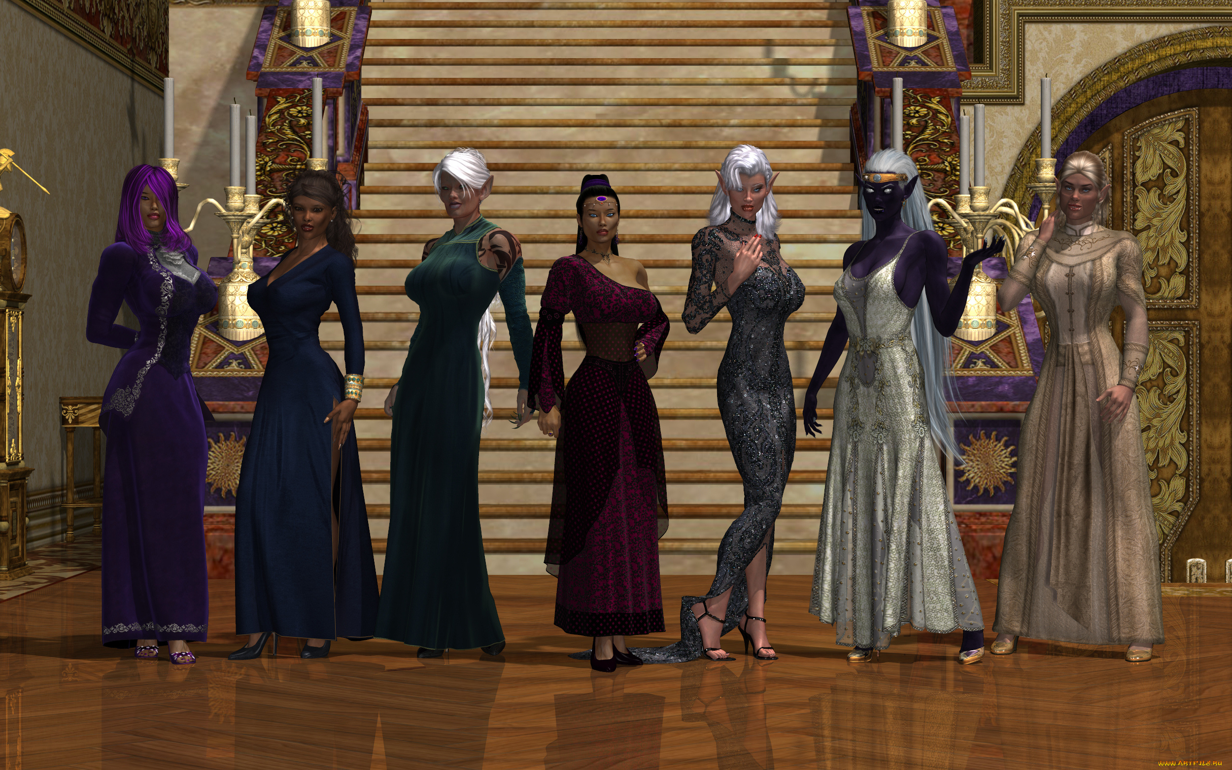 3д, графика, фантазия, , fantasy, девушки, взгляд, фон, эльфийки, лестница