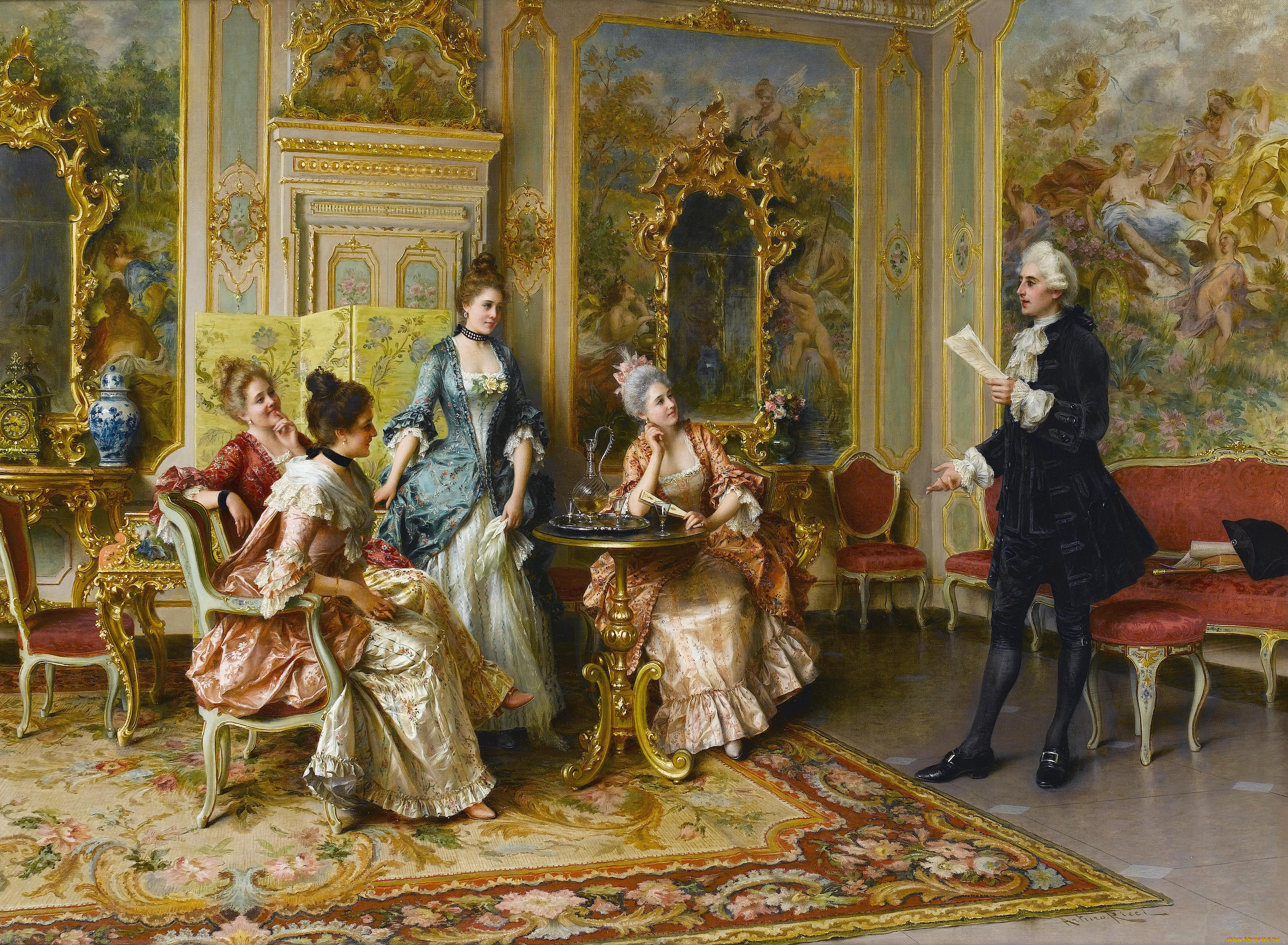 arturo, ricci, -, солист, рисованное, живопись, чаепитие, дамы, ковер, дворец