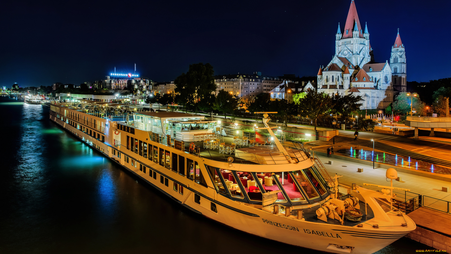 корабли, теплоходы, река, ночь