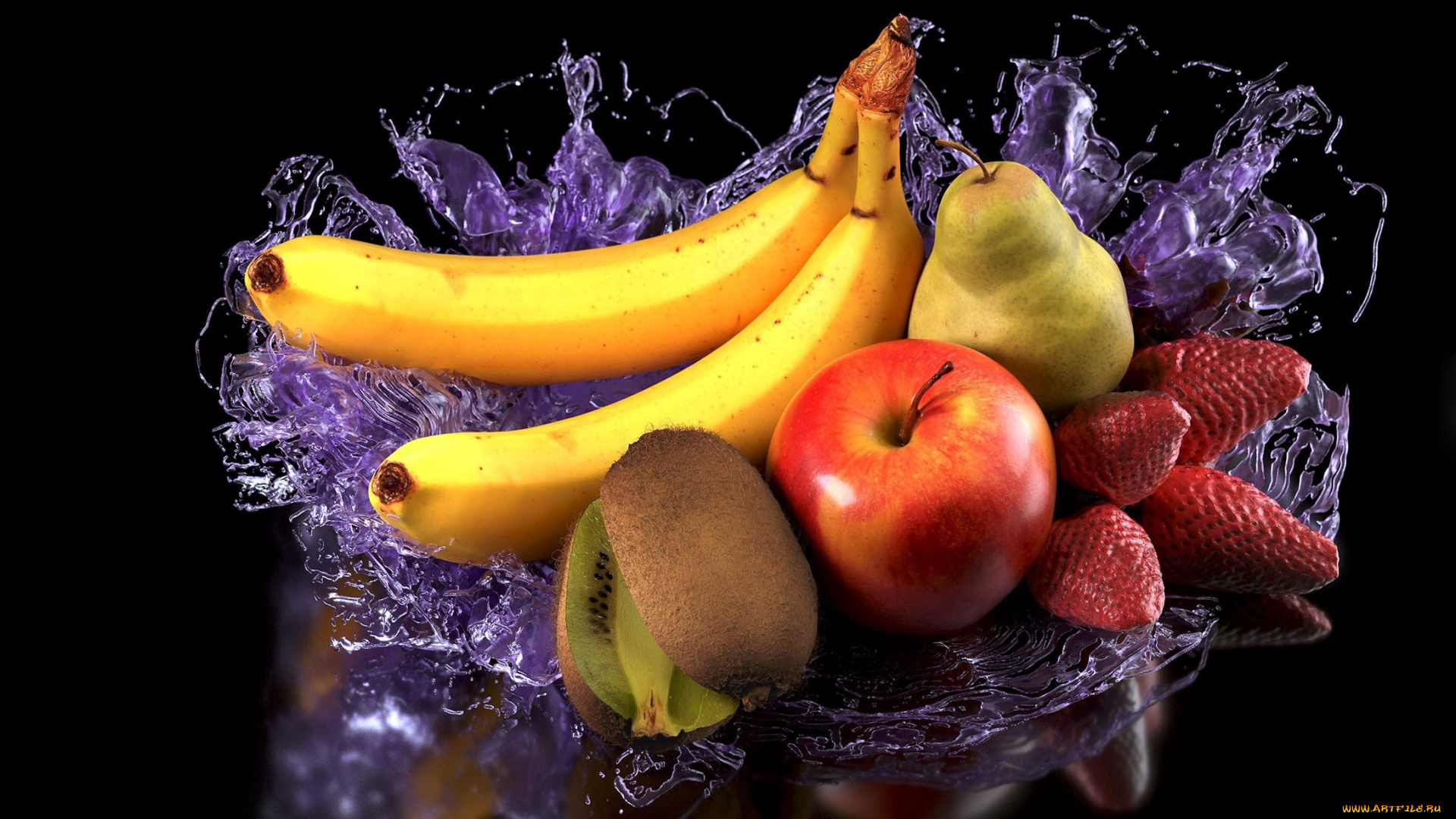 еда, фрукты, , ягоды, яблоко, киви, клубника, груша, бананы