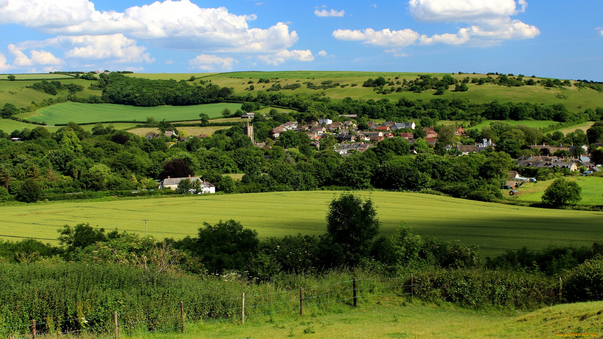 города, -, пейзажи, деревья, cerne, abbas, великобритания, луга, поля
