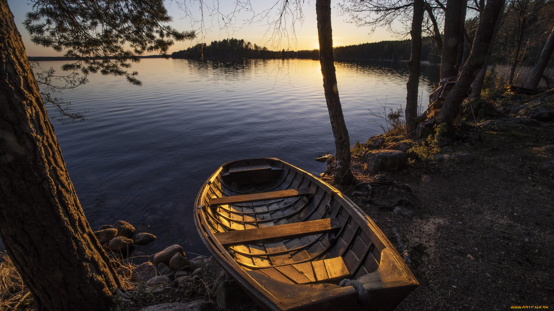 корабли, лодки, , шлюпки, финляндия, деревья, лодка, озеро, закат