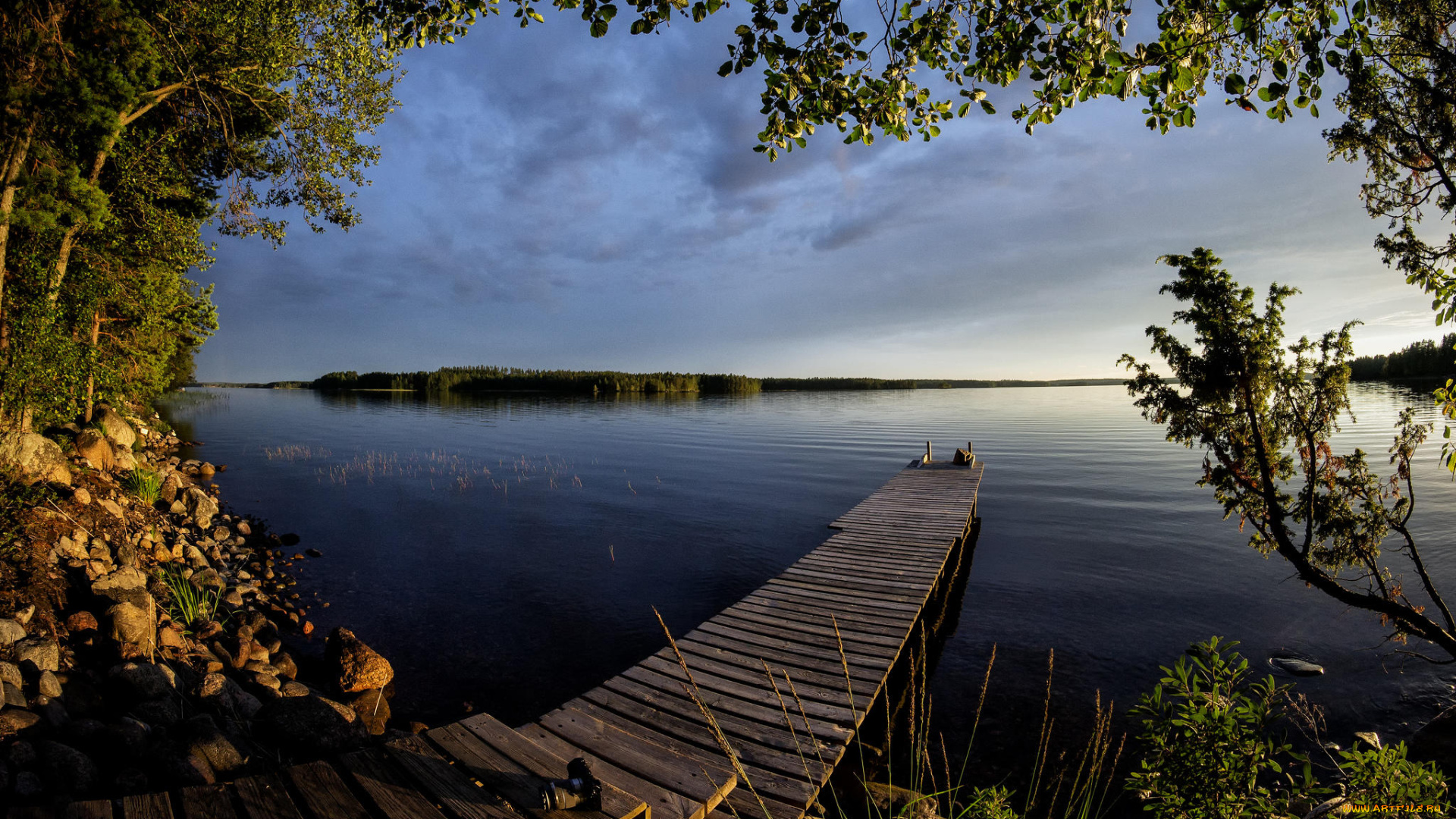 природа, реки, озера, причал, озеро, закат, финляндия, деревья