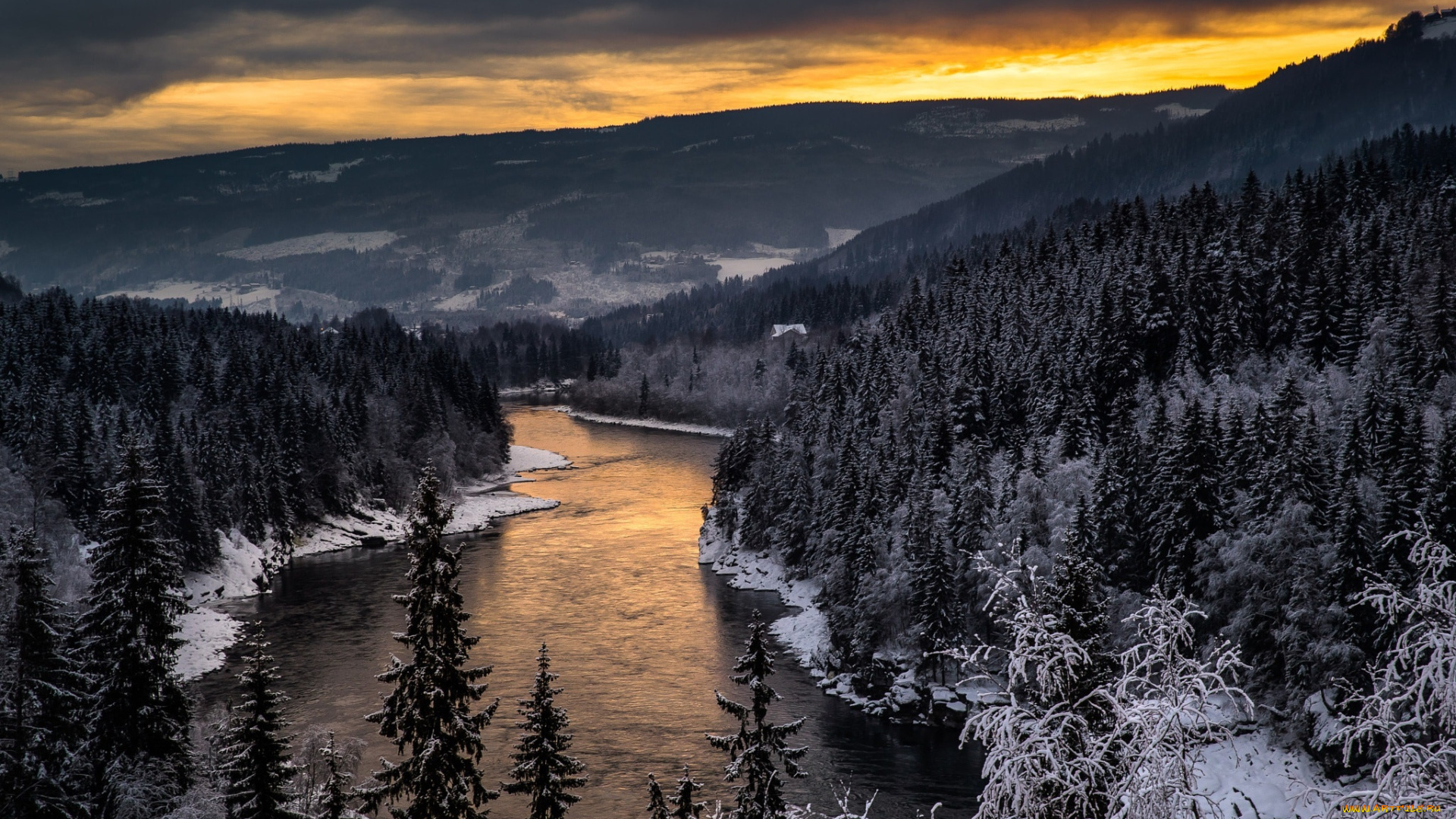 природа, реки, озера, зима, холмы, лес, деревья, река, снег