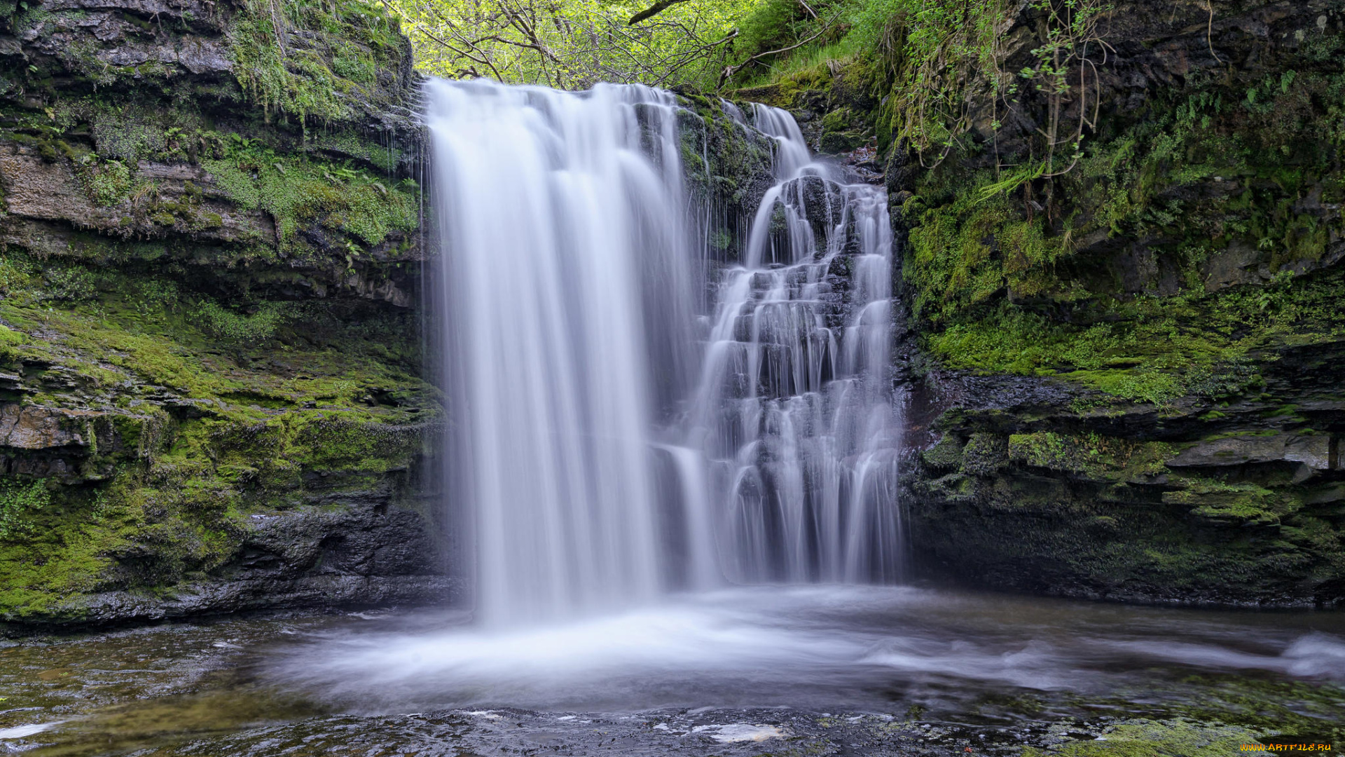 природа, водопады, лес, водопад, скалы, река, деревья